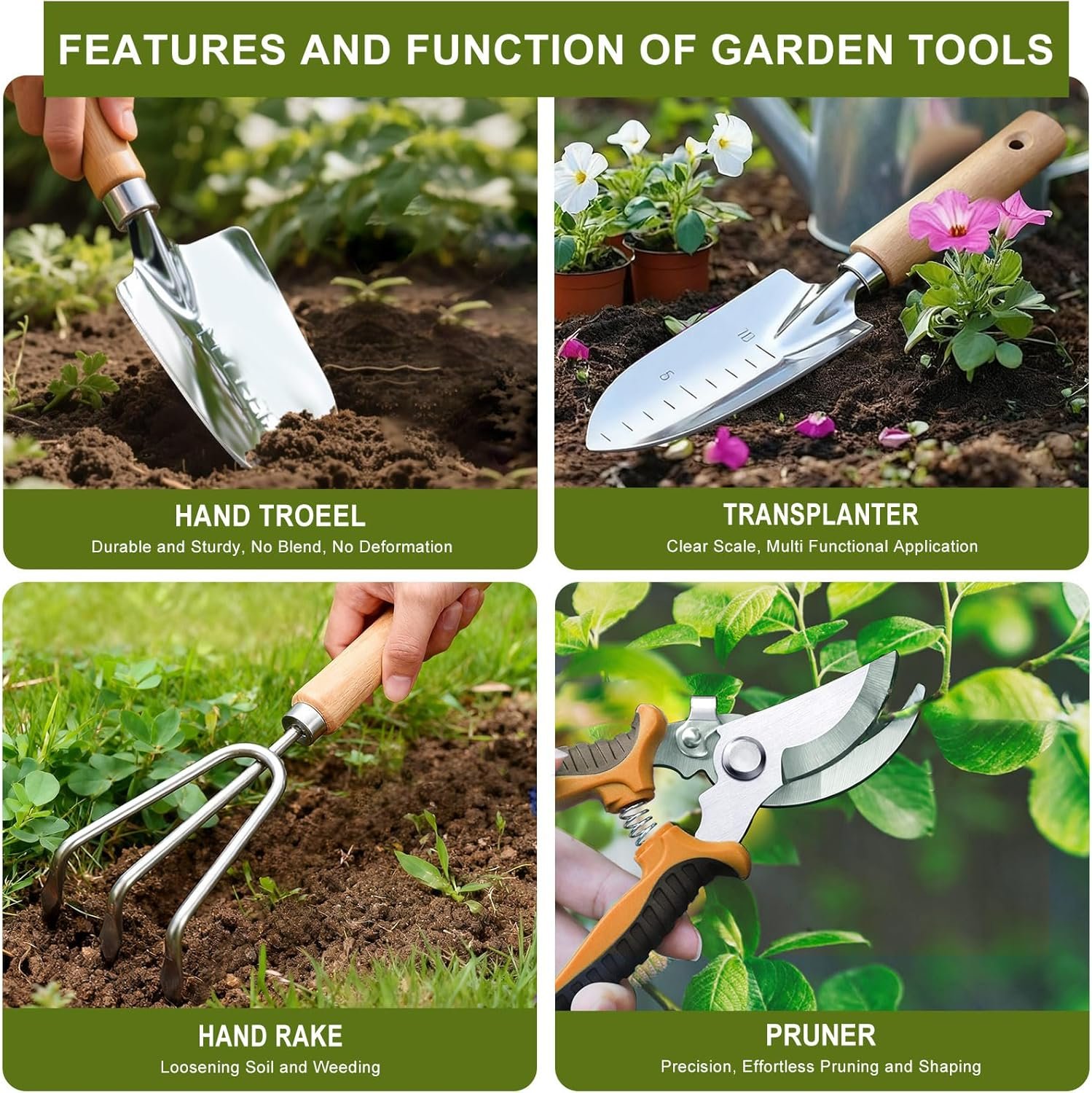 Kynup Heavy Duty Garden Tools, 9-Piece Gardening Tools Set, Stainless Steel Gardening Set, Rust-Proof Garden Gifts Set with Storage Tote Bag, Ergonomic Anti-Slip Handle, Gardening Tools for Women - Image 3