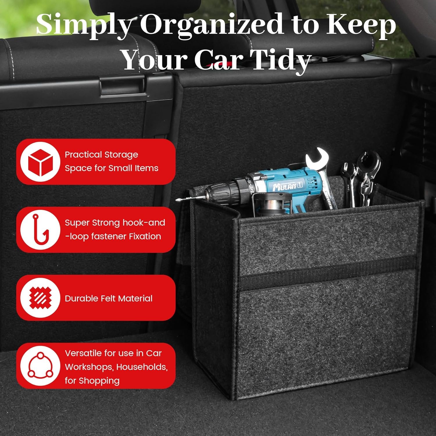 Car Boot Organiser Bag Anti Slip Foldable, Car Boot Tidy for Tools Breakdown Emergency Travel Tidy Van Caravan - Dark Grey Carpet Material - Suitable for All Vehicles (50x15x25cm) - Image 2