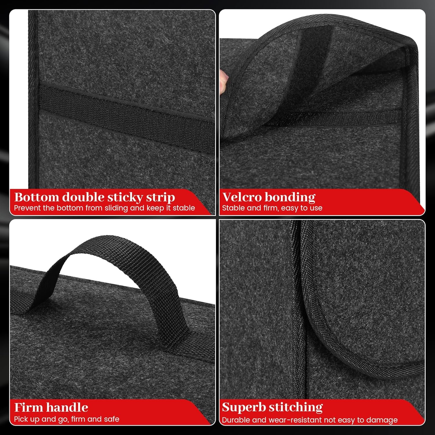 Car Boot Organiser Bag Anti Slip Foldable, Car Boot Tidy for Tools Breakdown Emergency Travel Tidy Van Caravan - Dark Grey Carpet Material - Suitable for All Vehicles (50x15x25cm) - Image 5