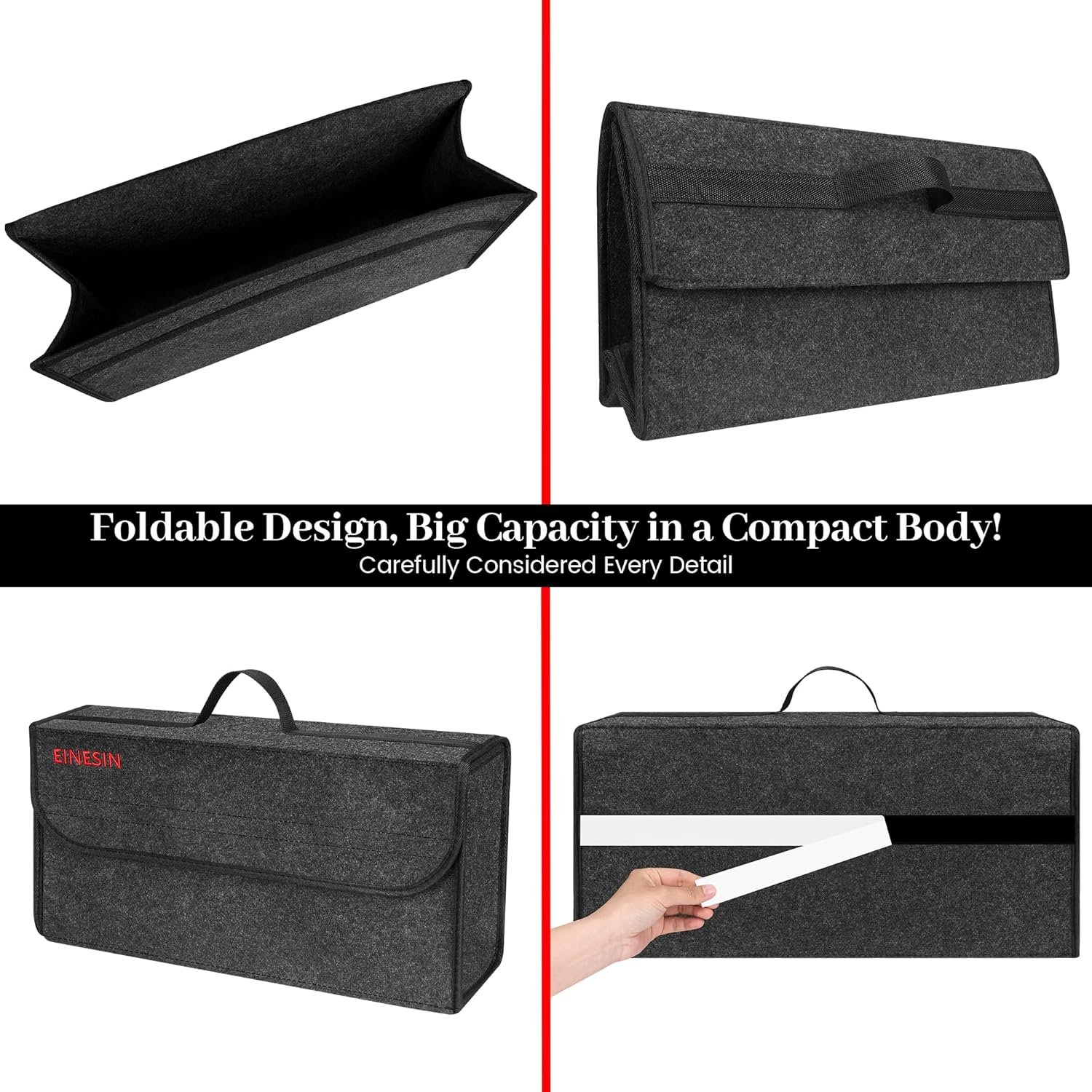 Car Boot Organiser Bag Anti Slip Foldable, Car Boot Tidy for Tools Breakdown Emergency Travel Tidy Van Caravan - Dark Grey Carpet Material - Suitable for All Vehicles (50x15x25cm) - Image 6