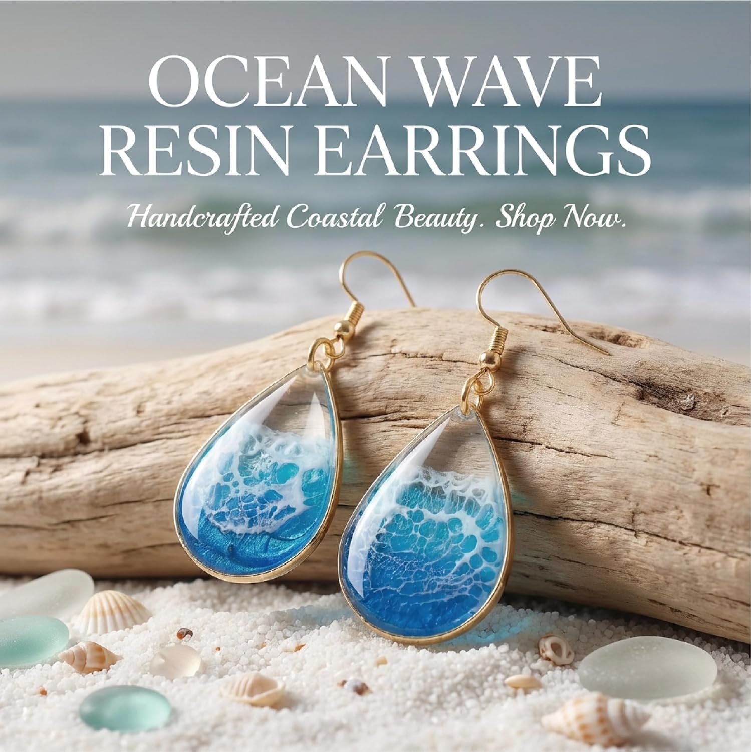 Silver Ocean Wave Drop Resin Earrings - Image 3