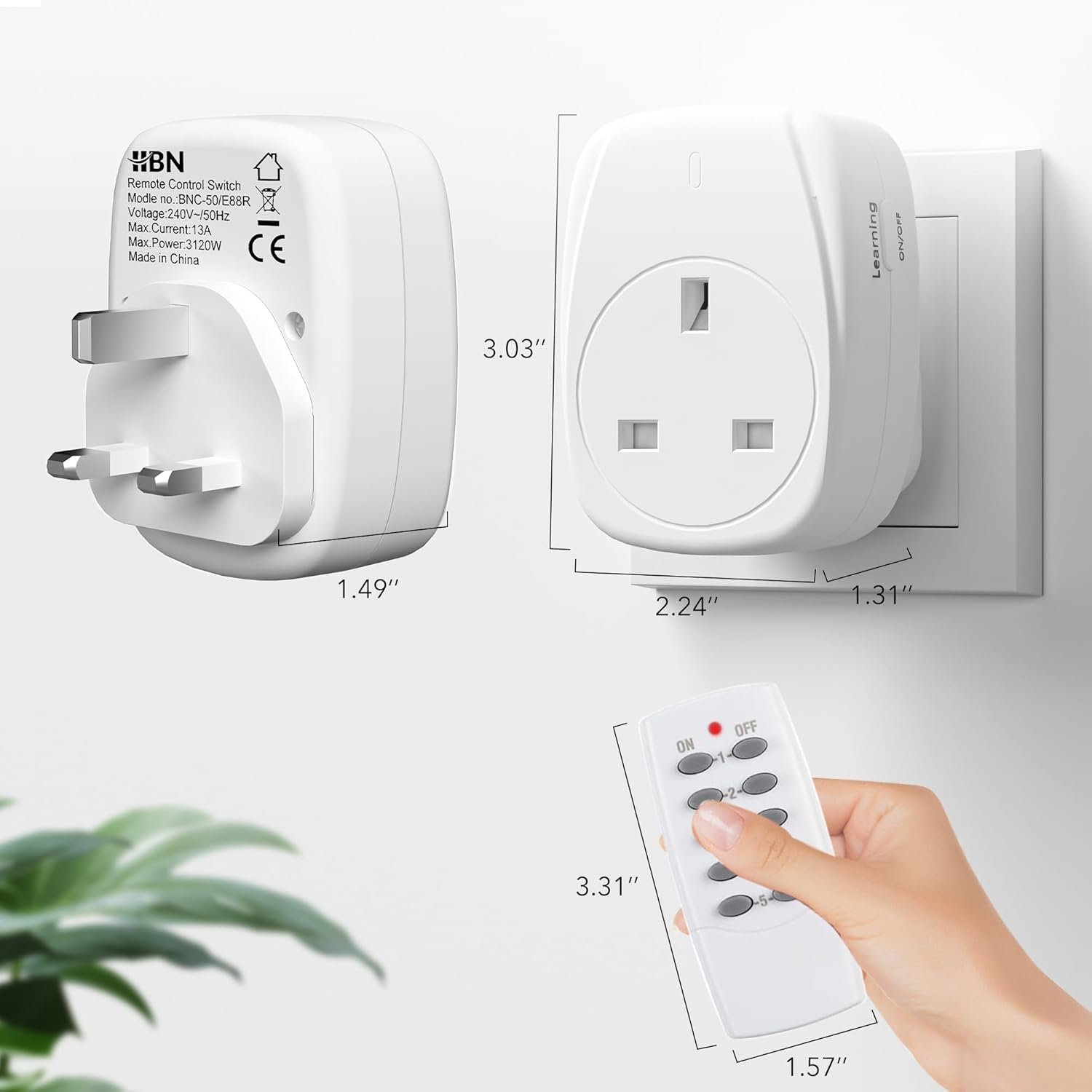 HBN Wireless Remote Control Plug Sockets, 13A/3120W Remotely Control Socket for Christmas Light,Wireless Remotes Light Switch with 30m/100ft Operating Range,3 Pack Sockets and 1 Remote - Image 8
