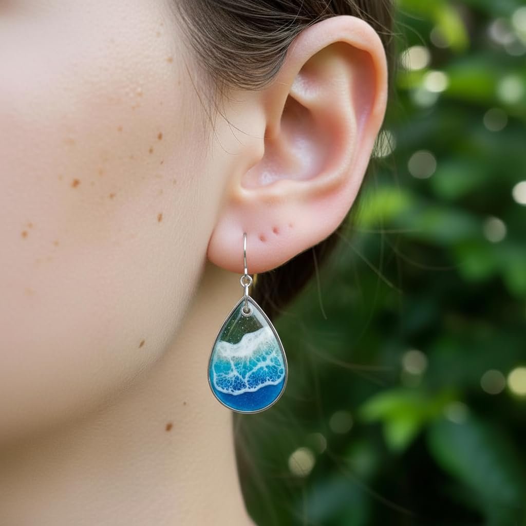Silver Ocean Wave Drop Resin Earrings - Image 4
