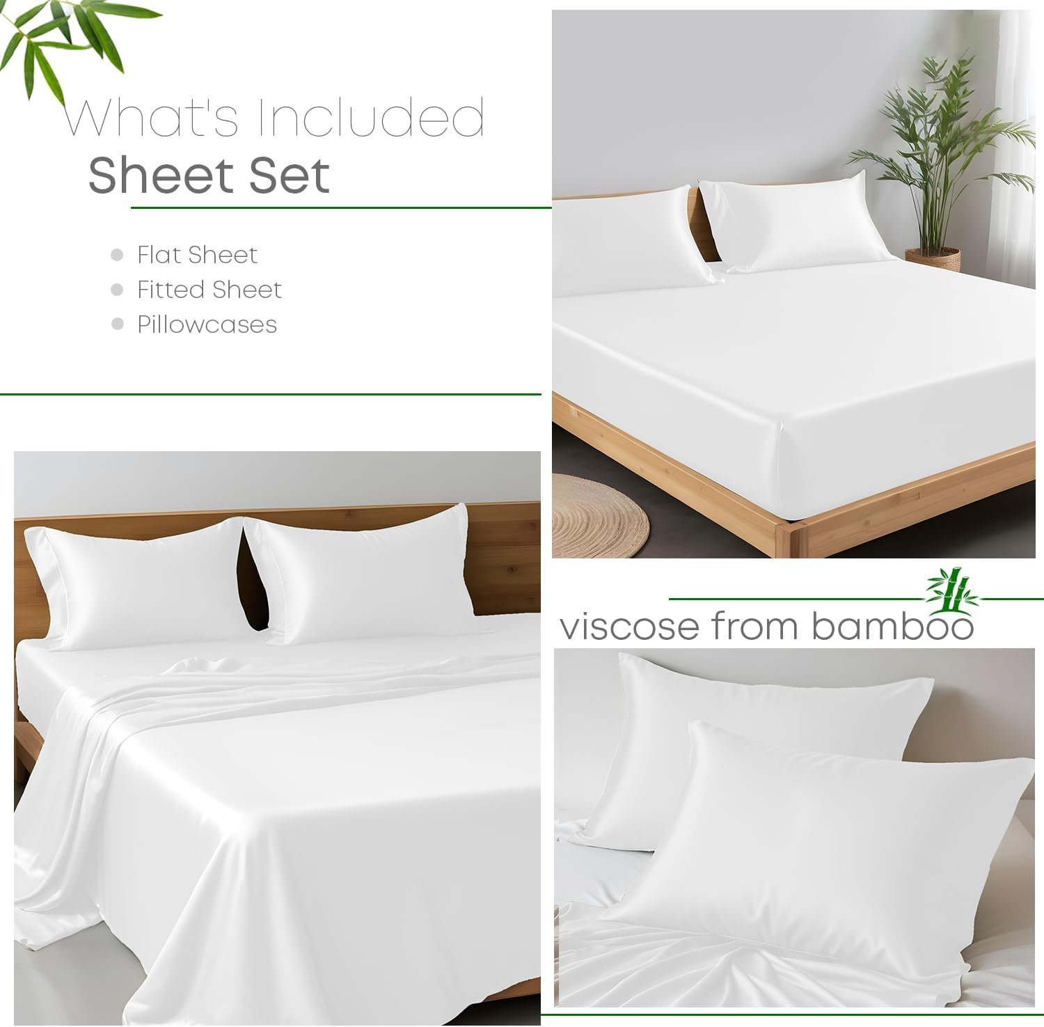 LINENWALAS Double 4 Pcs Bed Sheet Set,100% Organic Bamboo Bedding Set, Cooling Vegan Silk Bedsheets Set with 1 Fitted Sheet, 1 Flat Sheet & 2 Pillowcases (Double, White) - Image 2