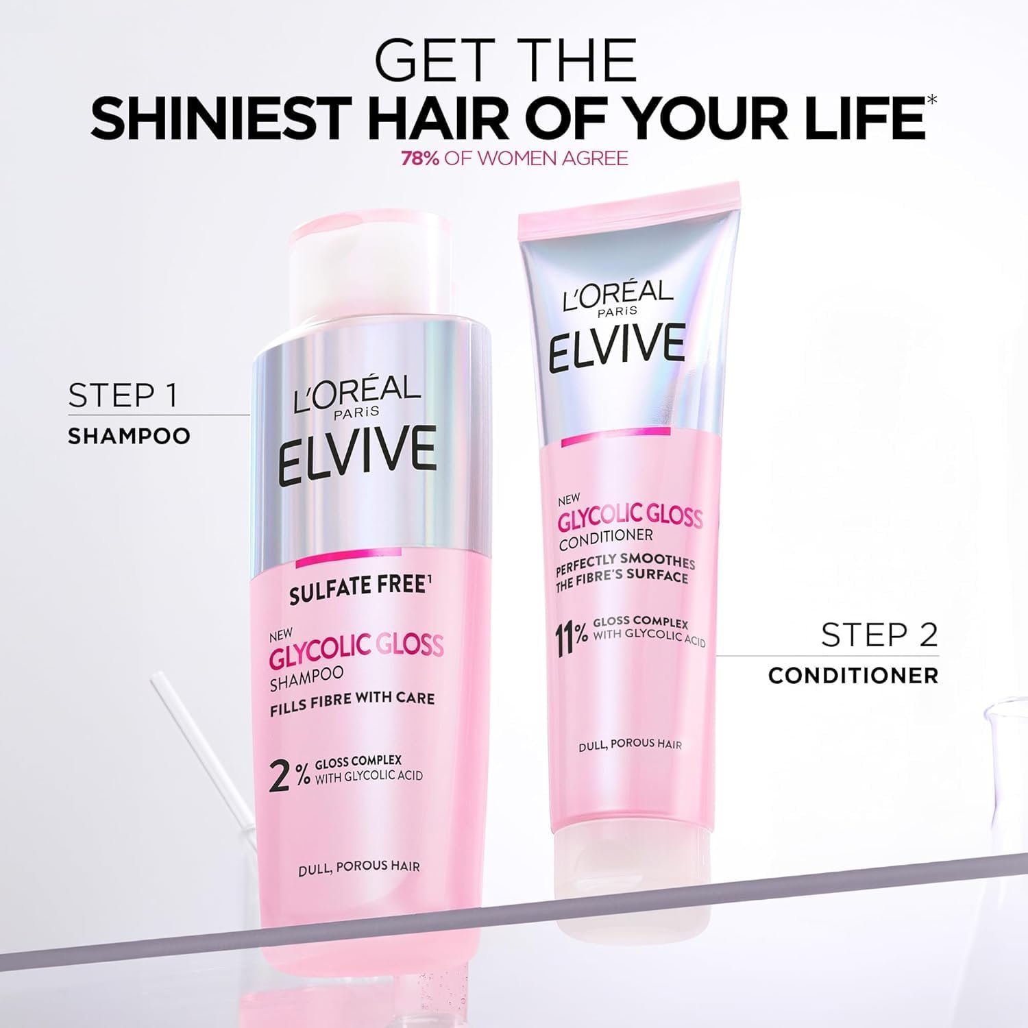 L'Oréal Paris Elvive Glycolic Gloss for Dull Porous Hair, Get The Shiniest Hair of Your Life, Glossing Routine for Mirror-Like Shine, Shampoo, Conditioner, Lamination Treatment, Leave-In Serum Set - Image 6