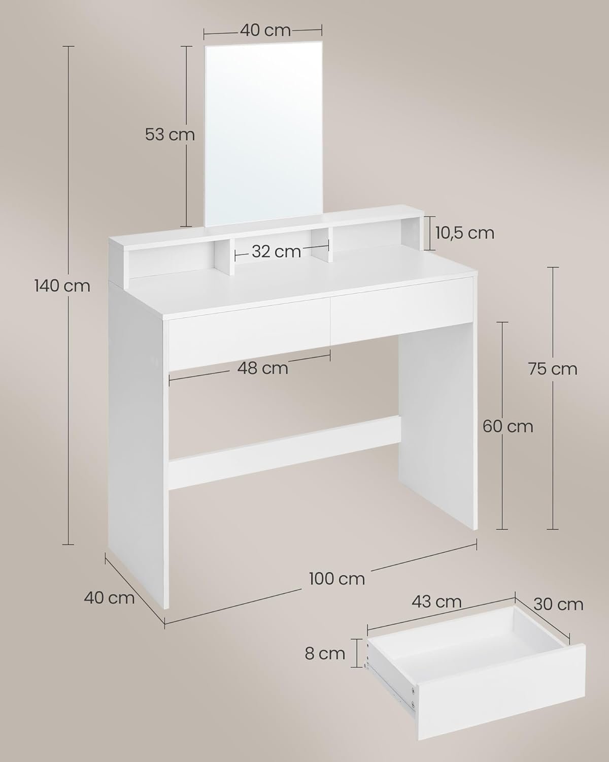 VASAGLE Modern White Makeup Vanity, Dressing Table with Large Mirror, 2 Drawers & 3 Compartments, 40 x 100 x 140 cm - Image 6