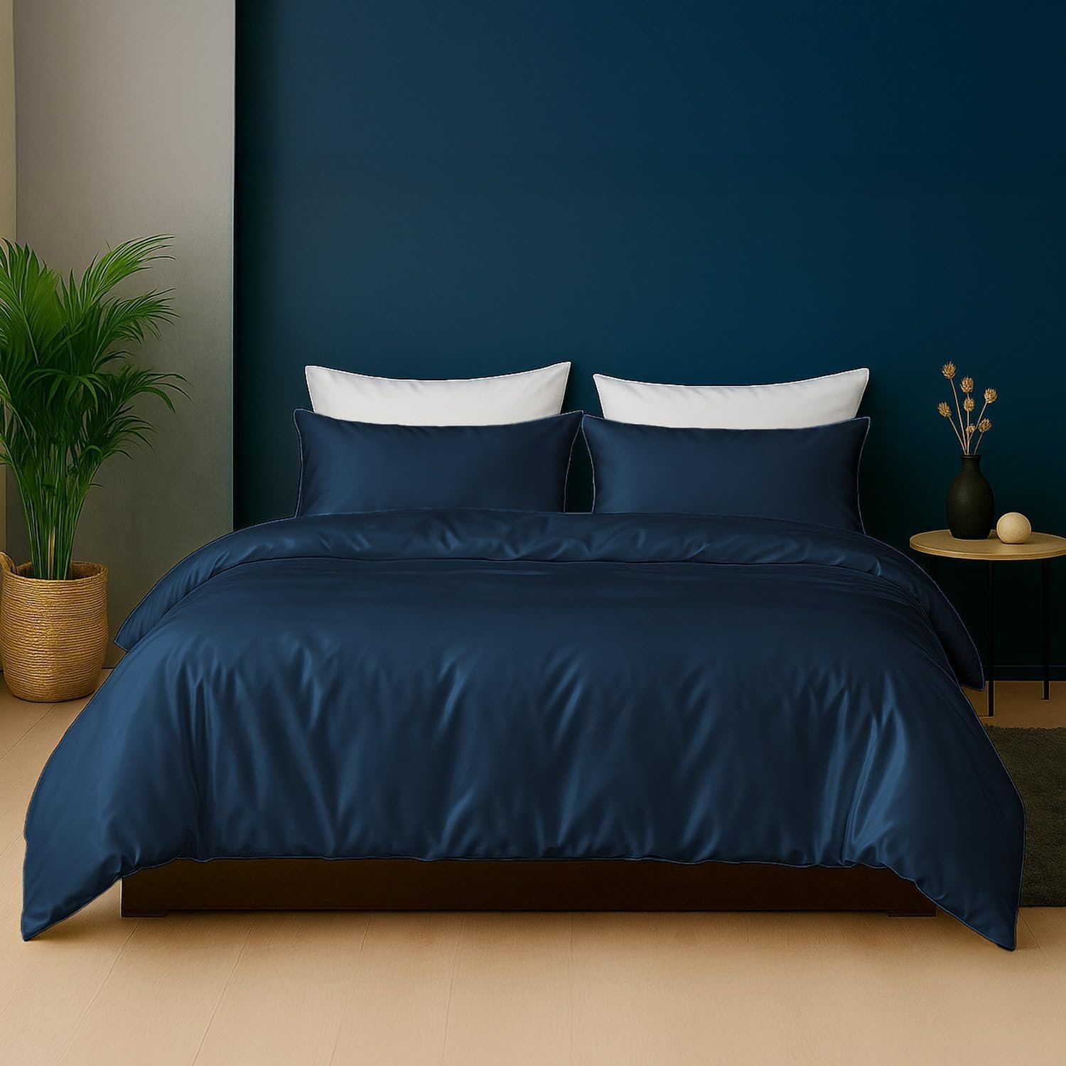 LINENWALAS Navy Blue Double Duvet Cover 3Pc Set Organic Bamboo Bedding Set Anti Allergy Comforter Cover Set 200x200 Soft, Cooling, Luxury Bamboo Bedding Double Size Quilt Cover (Navy Blue) - Image 2
