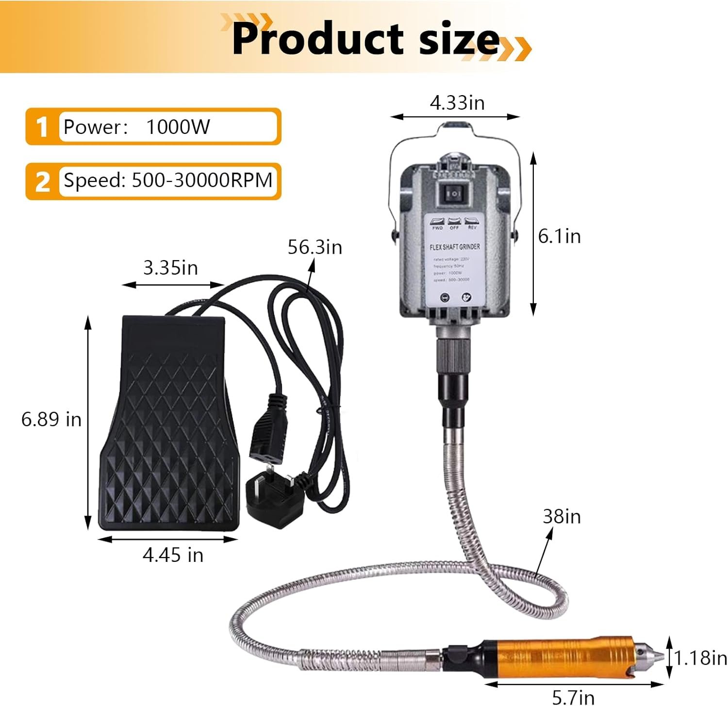1000W Rotary Tool Flex Shaft Grinder, Flex Shaft Electric Hanging Grinder Carver, Multifunction 500-30000RPM Grinder Tool, Metalworking Jewelry Tool Repair Kit for Carving, Buffing, Sanding - Image 3