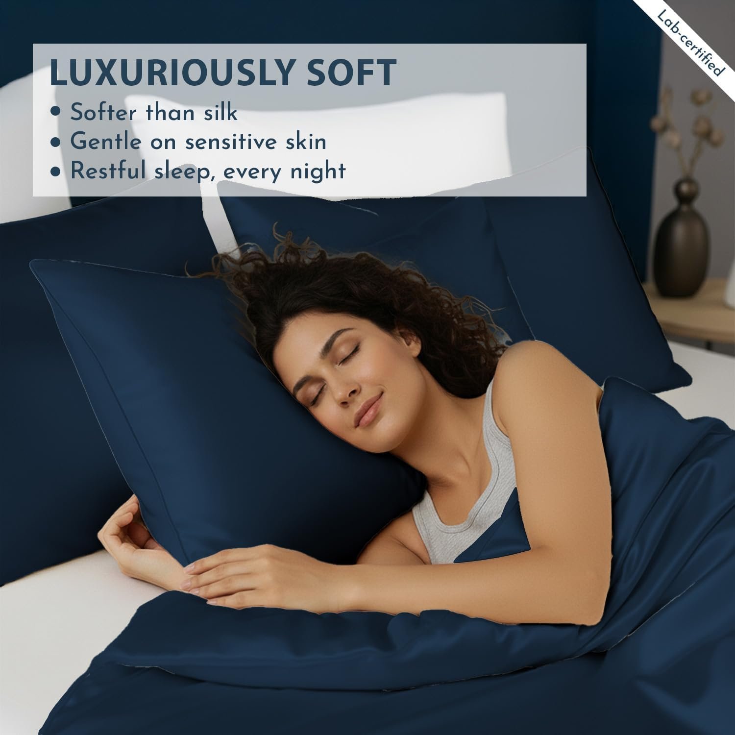 LINENWALAS Navy Blue Double Duvet Cover 3Pc Set Organic Bamboo Bedding Set Anti Allergy Comforter Cover Set 200x200 Soft, Cooling, Luxury Bamboo Bedding Double Size Quilt Cover (Navy Blue) - Image 6