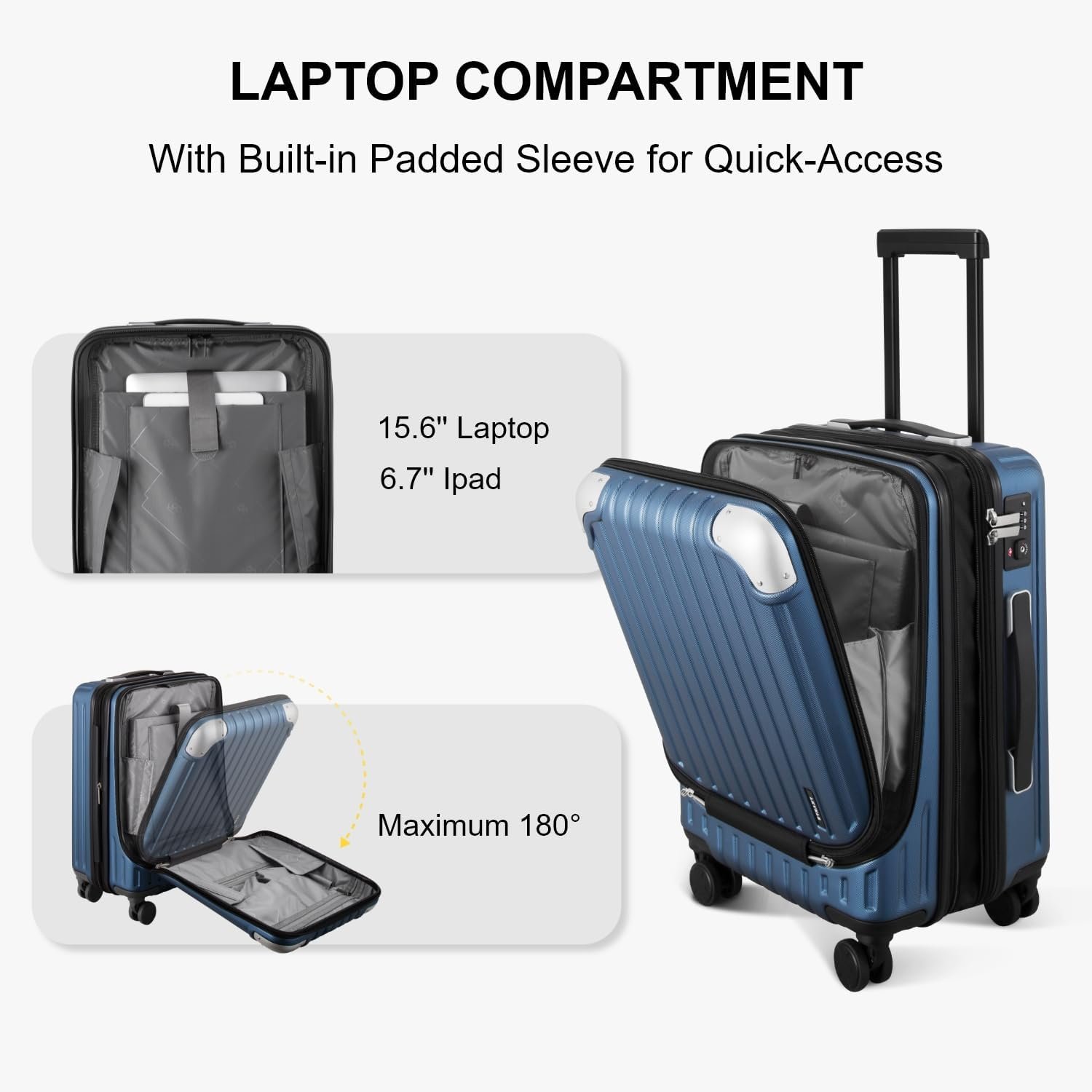 LEVEL8 Carry-on Suitcase 20-Inch, Expandable 4 Wheel Cabin Luggage, ABS+PC Hardshell Spinner Trolley Lightweight with Laptop Compartment, TSA, Blue - Image 3