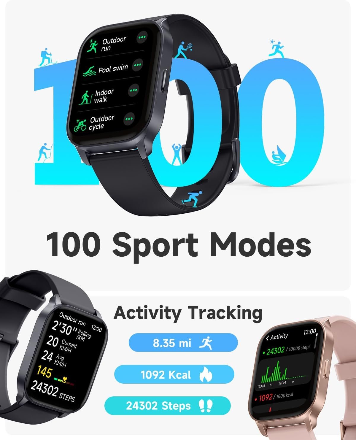 TOOBUR Smart Watch for Men Women, Smartwatch Compatible Android and iOS Phone, Answer/Make Calls, Fitness Tracker Watch, Heart Rate/Sleep Tracker/100 Sports/IP68 Waterproof, Midnight Black - Image 5