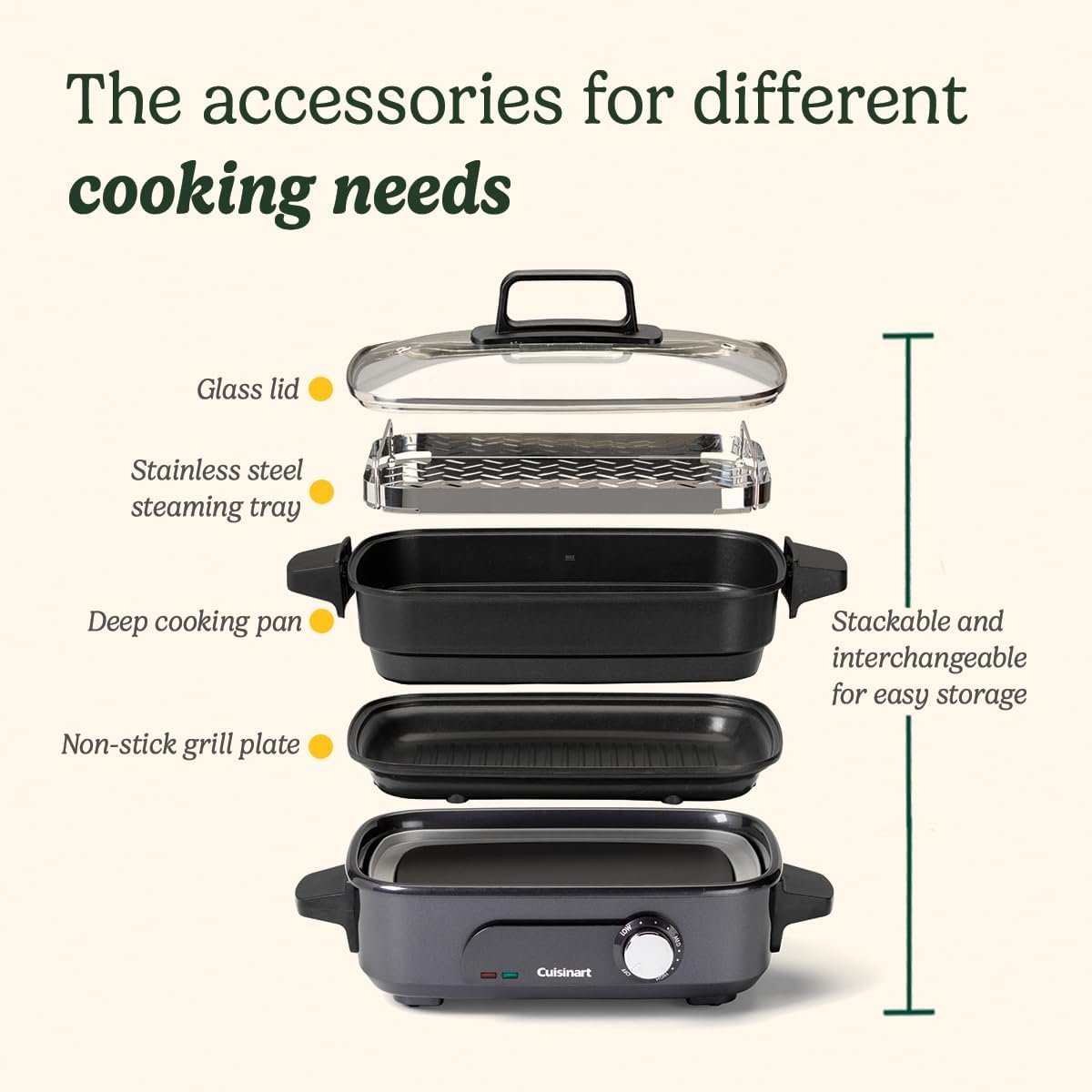Cuisinart Cook In 5 in 1 Multi Cooker, Grill, Sear, Steam, Simmer and Slow Cooker, Non-Stick, Interchangeable plates and pans, Stackable, easy storing, Energy efficient, Midnight Grey - Image 5
