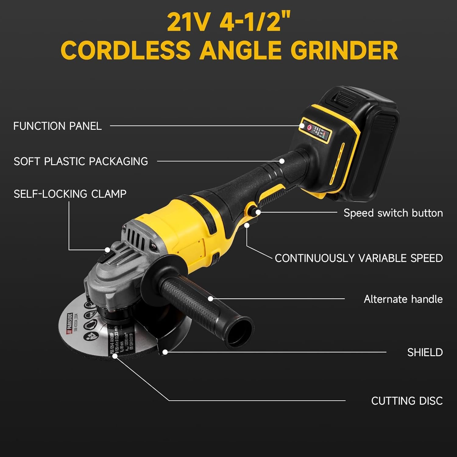 papasbox 21V Cordless Angle Grinder, 125mm Brushless Metal Grinder, 30000RPM Electric Angle Grinder Tool with 5.0Ah Battery, 1500W, 4-1/2 Inch for Grinding, Cutting, Brushing, Polishing and Sanding - Image 3