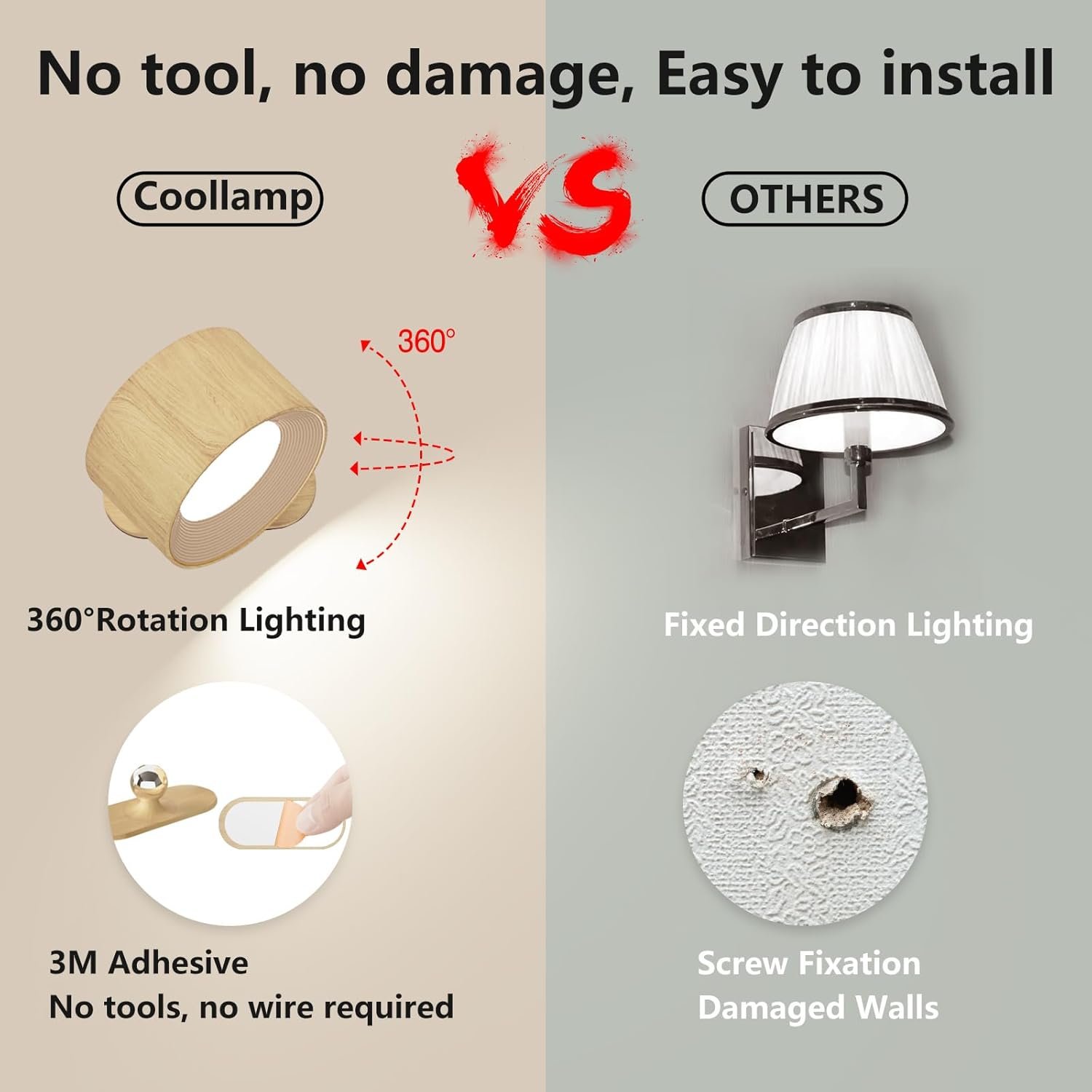 Battery Operated Wall Light, LED Wall Lamp with 360°Adjustable Lighting Indoor Wall Light with 3 Color Modes 3 Brightness Levels Touch Control, Wall Mounted Lamp for Bedroom Reading Bedside-1Pack - Image 3