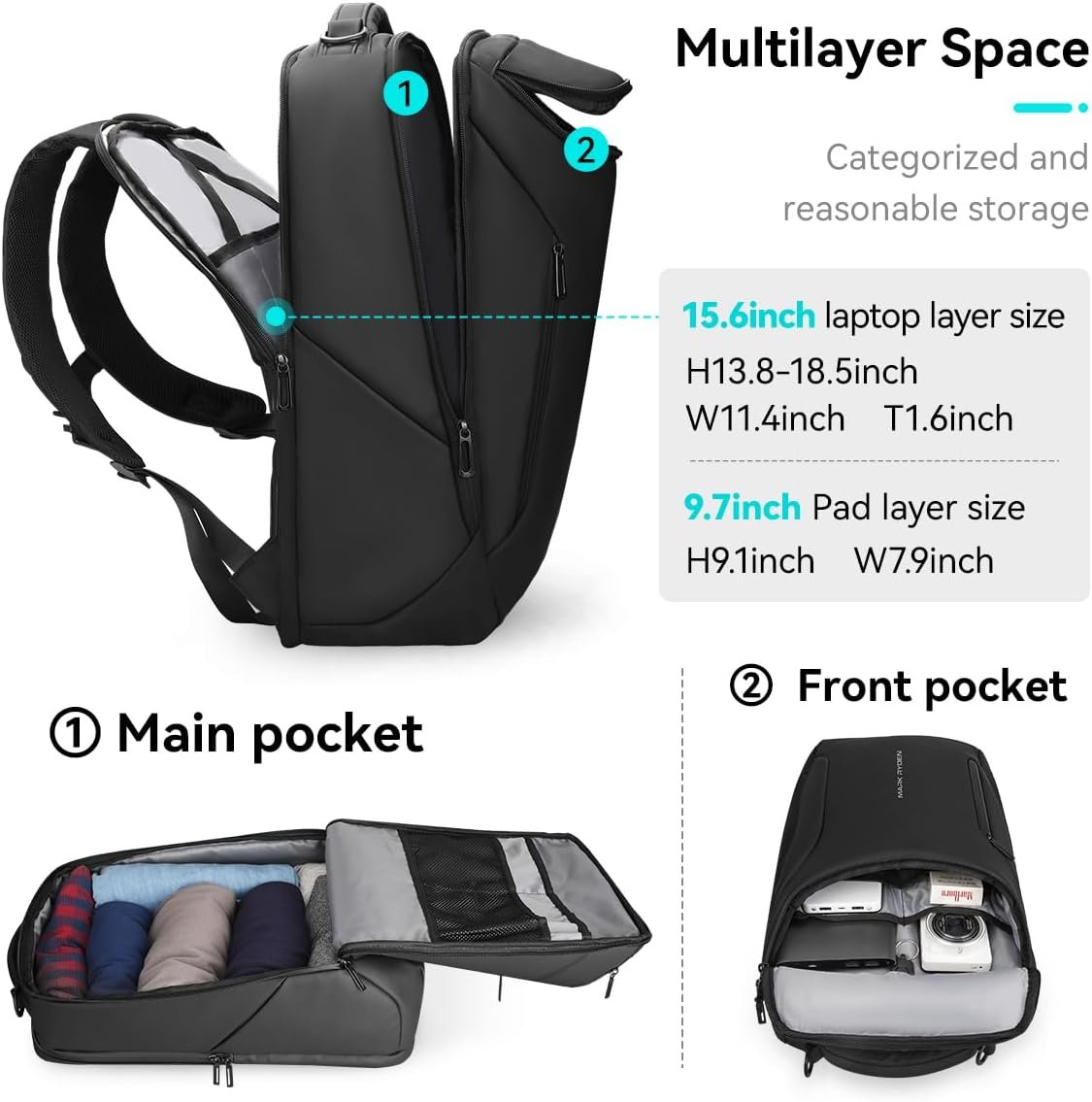 MARK RYDEN mens backpack Large Capacity waterproof laptop backpack business men with USB Charging Port for Official Travel Hiking Pack Fits Under 17.3 Inch Laptop - Image 4
