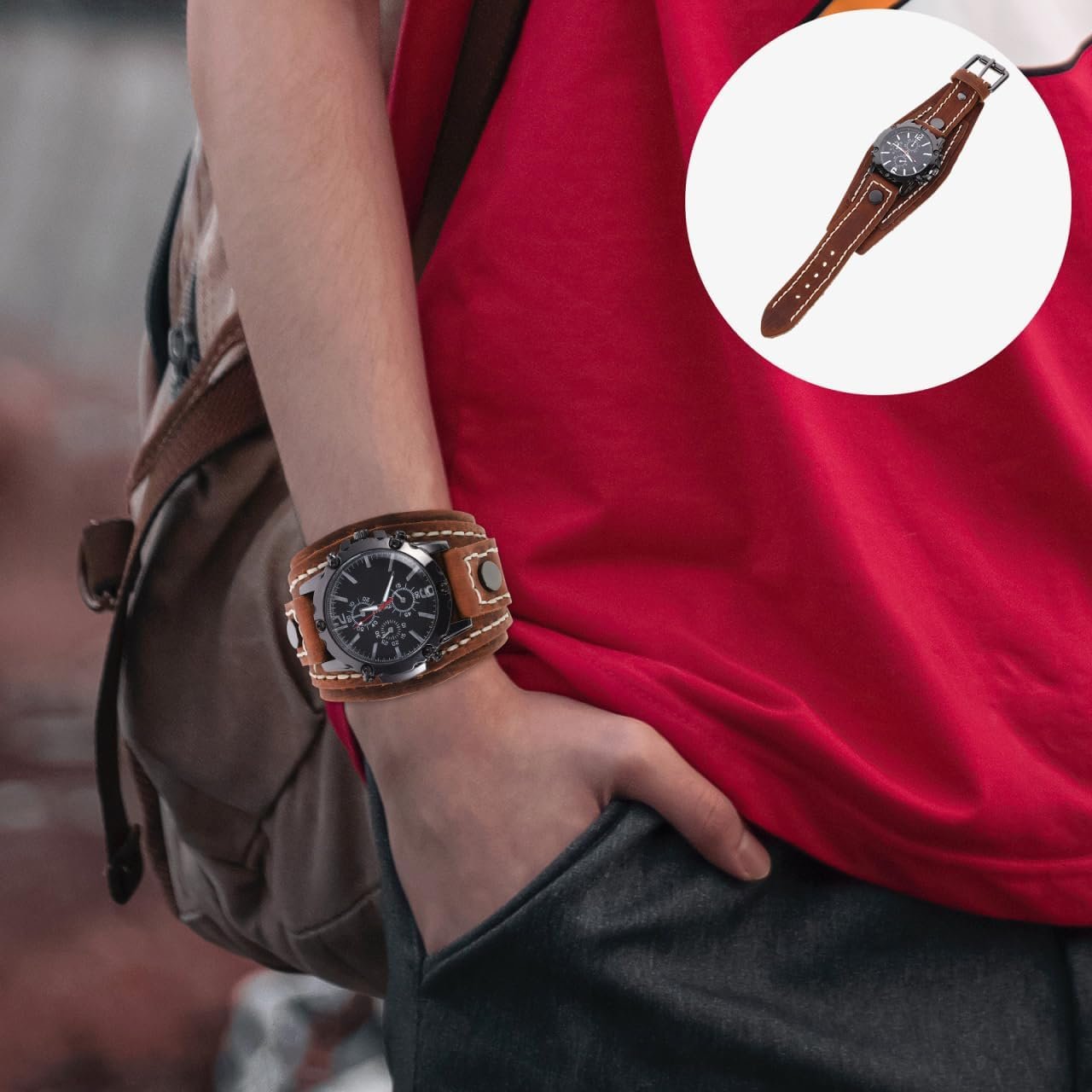 ULTECHNOVO Male Wrist Watch, Leather Casual Strap Leather Casual Cuff Watch(Red) - Image 9