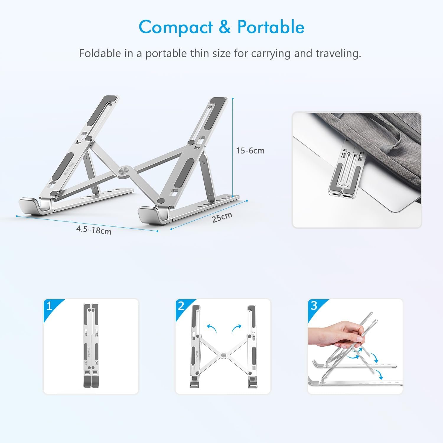 BoYata Laptop Stand, 6 Levels of Height Adjustable Portable Laptop Holder for Desk, Aluminum Foldable Laptop Riser, Compatible with MacBook Air/Pro, Dell, HP, Acer, Most 10-15.6” Laptops-Silver - Image 5