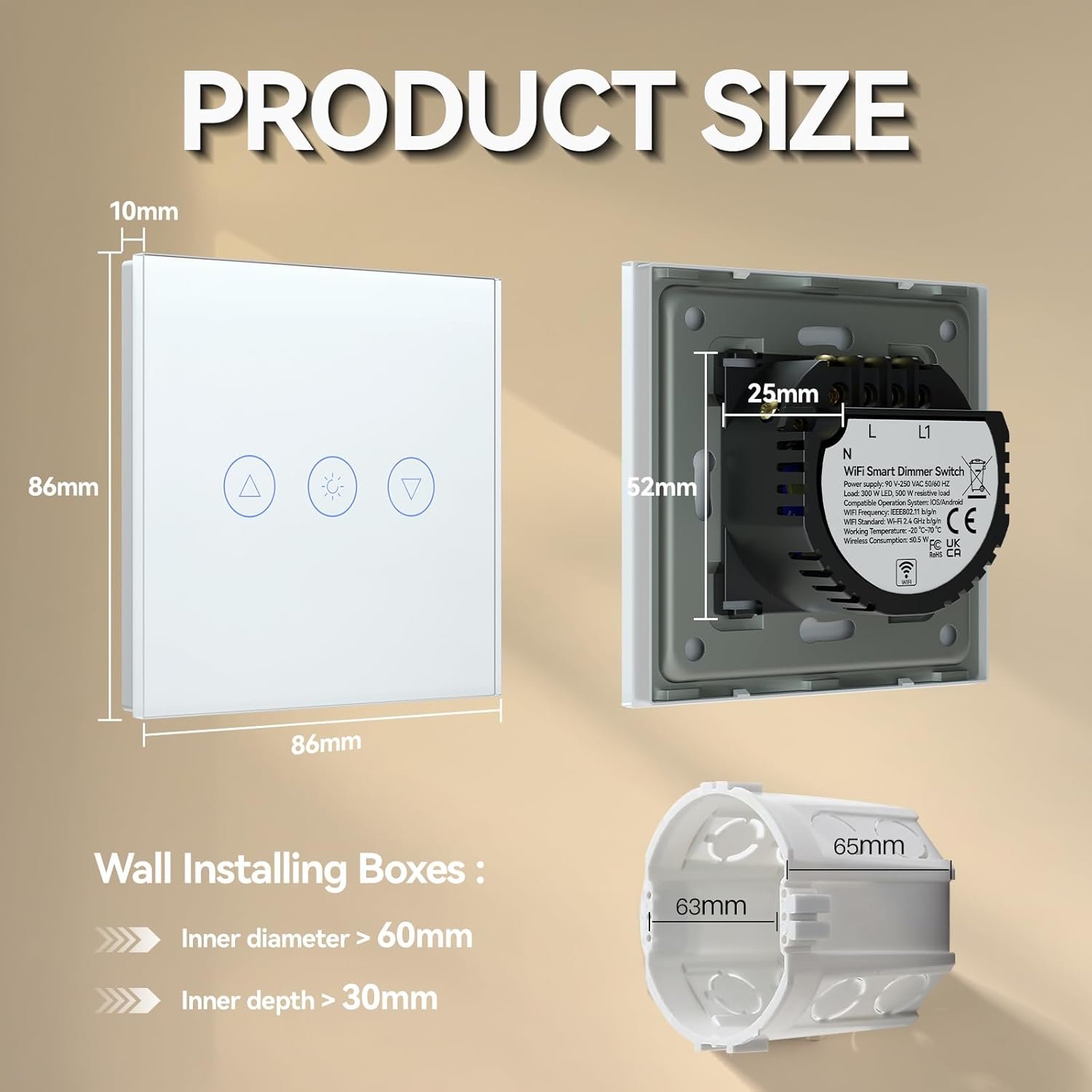 BSEED Smart Dimmer Switch,Glass Touch Panel,LED Lights,Work with Alexa/Smart Life App Control,Neutral Wire Required,WiFi Dimmer 1 Gang 1 Way,86mm White - Image 5