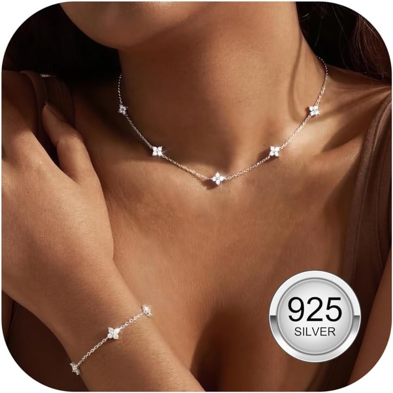 Diamday 925 Sterling Silver Necklace for Women Silver Gold Jewelry Set Adjustable Choker Necklace Bracelet for Women Dainty Cubic Zirconia Costume Jewelry Wedding Brides Women's Jewelry Sets - Image 8