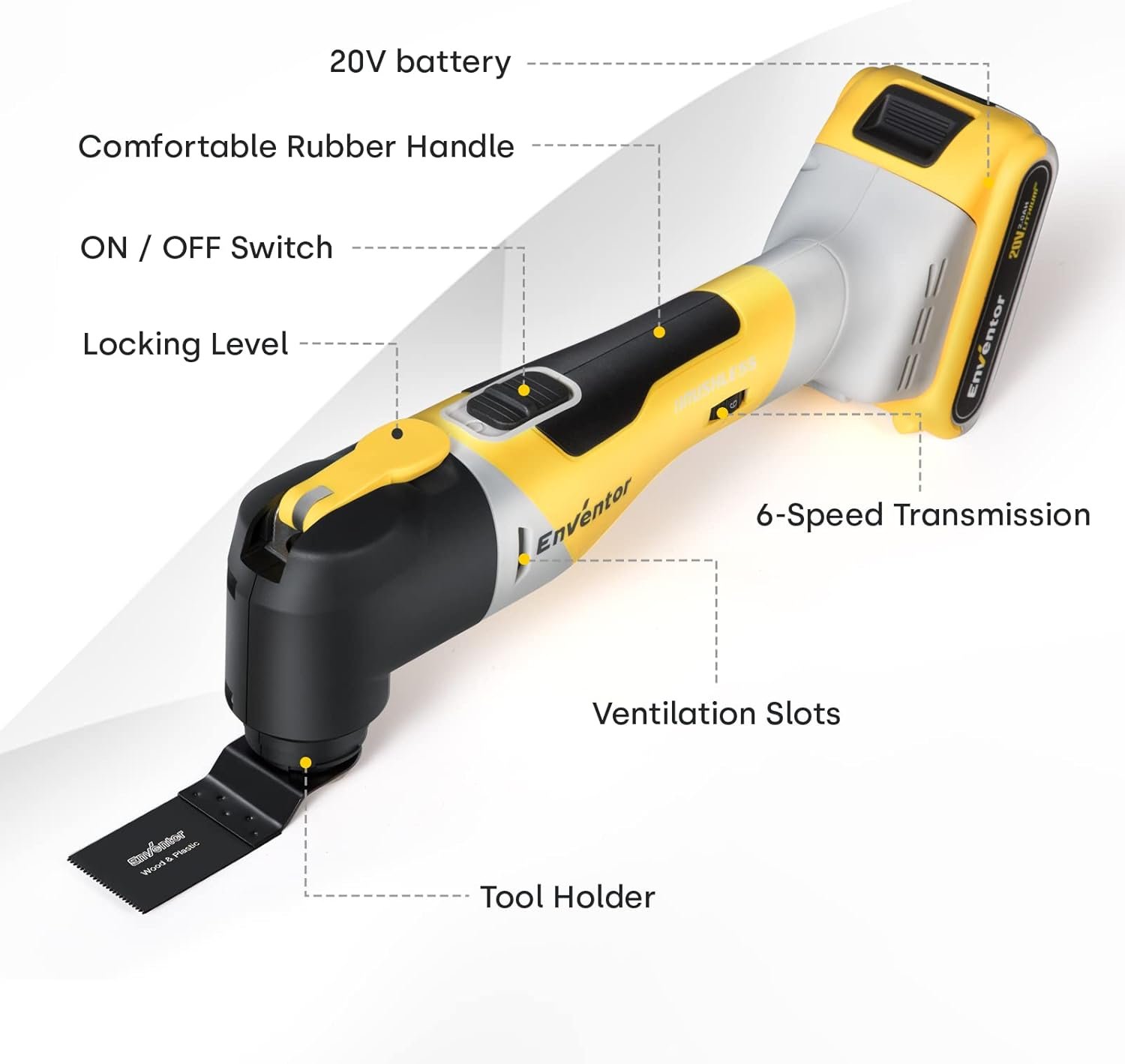 Enventor Brushless Oscillating Multi-Tool, 20V Cordless Oscillating Multi Tools with 2.0Ah Battery, 12000-19500RPM, 6 Variable Speeds, 4°Oscillation Angle, Blade Quick-Change, 28Pcs Accessories 98606 - Image 2