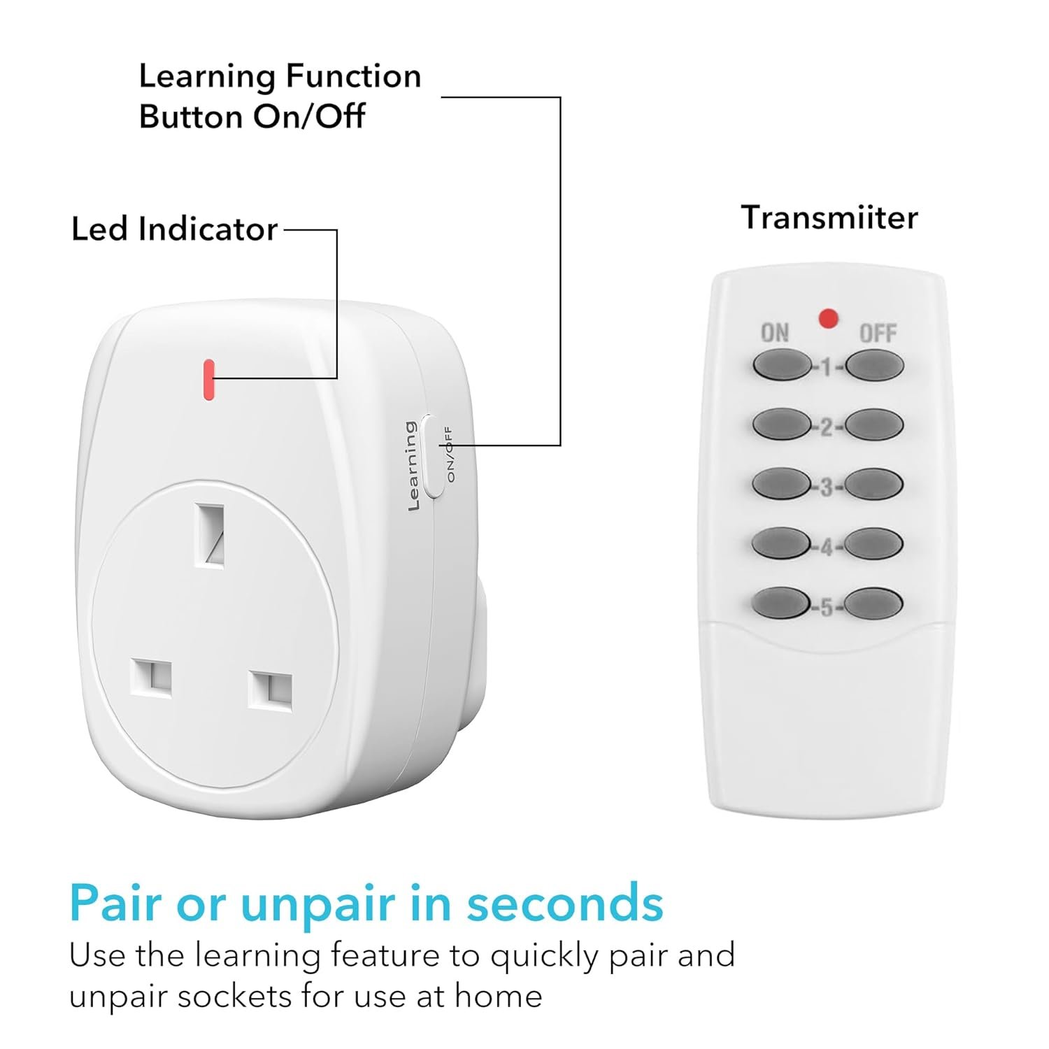HBN Wireless Remote Control Plug Socket UK, 13A/3120W Remote-Control Outlet Sockets for Lamp,Wireless Remotes Light Switch with 30m/100ft Operating Range,5 Pack Sockets and 2Remote - Image 6