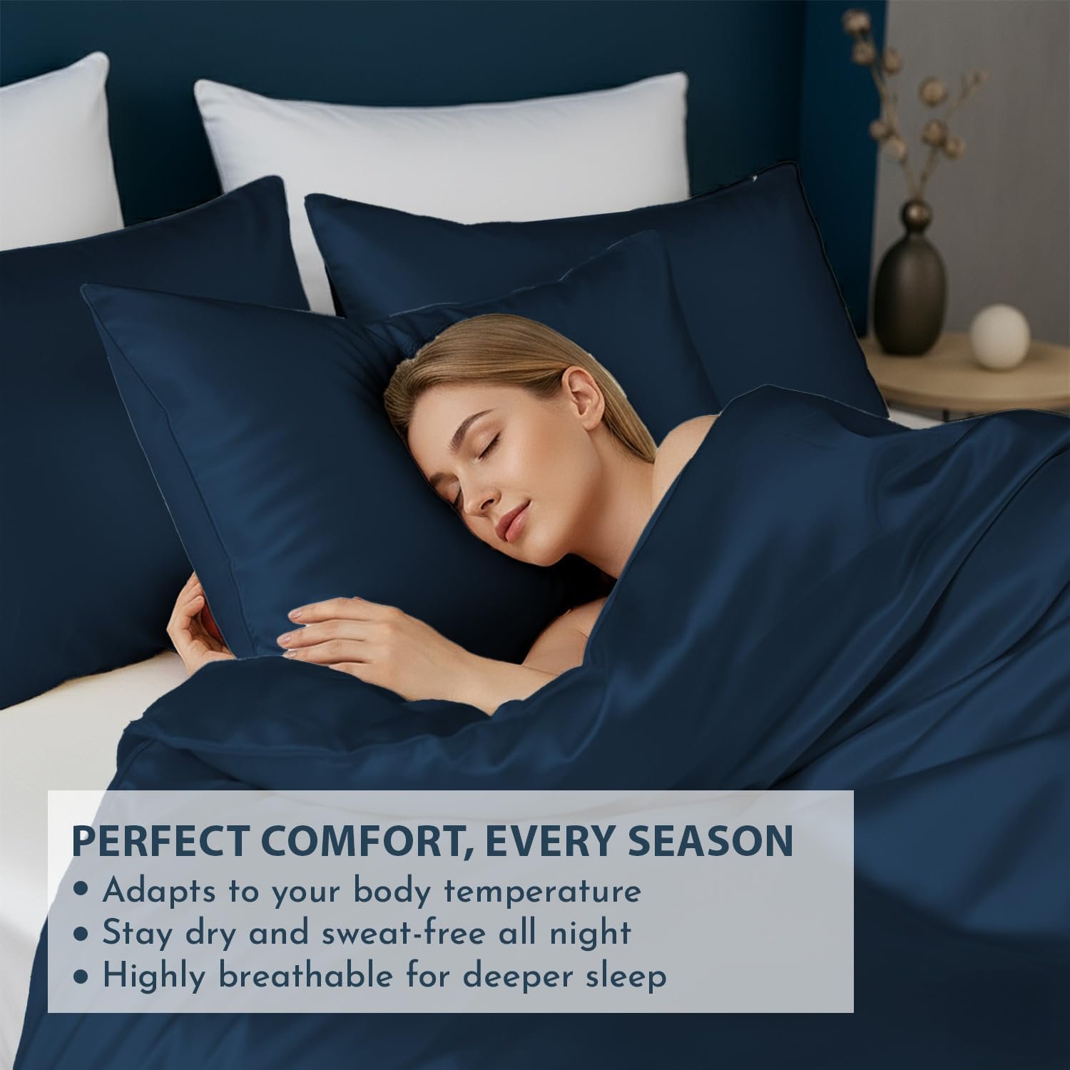 LINENWALAS Navy Blue Double Duvet Cover 3Pc Set Organic Bamboo Bedding Set Anti Allergy Comforter Cover Set 200x200 Soft, Cooling, Luxury Bamboo Bedding Double Size Quilt Cover (Navy Blue) - Image 4