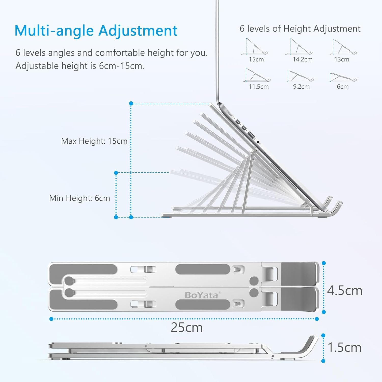 BoYata Laptop Stand, 6 Levels of Height Adjustable Portable Laptop Holder for Desk, Aluminum Foldable Laptop Riser, Compatible with MacBook Air/Pro, Dell, HP, Acer, Most 10-15.6” Laptops-Silver - Image 2