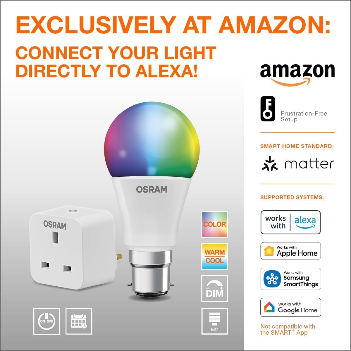 OSRAM SMART+ RGBW, B22d LED Lamp with Matte Over WiFi, Specially Developed for Alexa, Easy Setup by Click, 60 W Replacement, Warm White to Cool White (2700-6500 K), 16 Million RGB Colours, Pack of 1 - Image 2