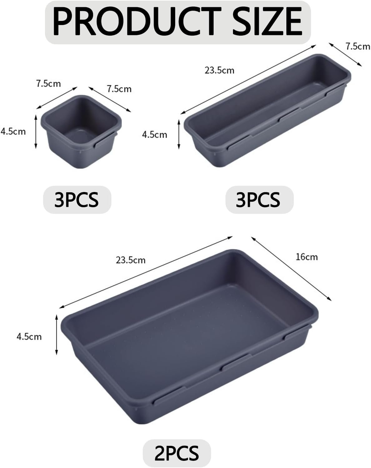 8Pcs Drawer Organiser - Interlocking Drawer Dividers Plastic Storage Trays, 3 Sizes Uncluttered Storage Drawer Tidy Trays Dividers for Kitchen Office Desk Make-Up Stationery Bathroom Jewellery (Grey) - Image 2