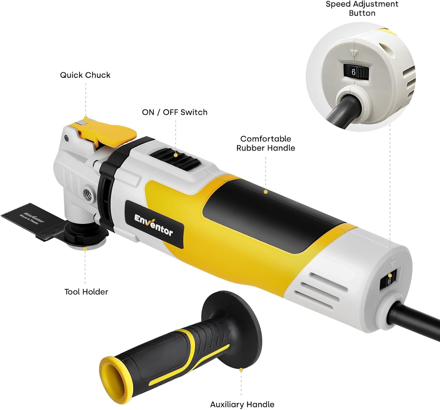 Enventor Oscillating Multi Tools, 280W 15000-22000 OPM Electric Corded Multi Tool, 6 Variable Speeds, 3°Oscillation Angle, Quick-fit Blade Design, Auxiliary Handle, with 43pcs Accessories 86229 - Image 2