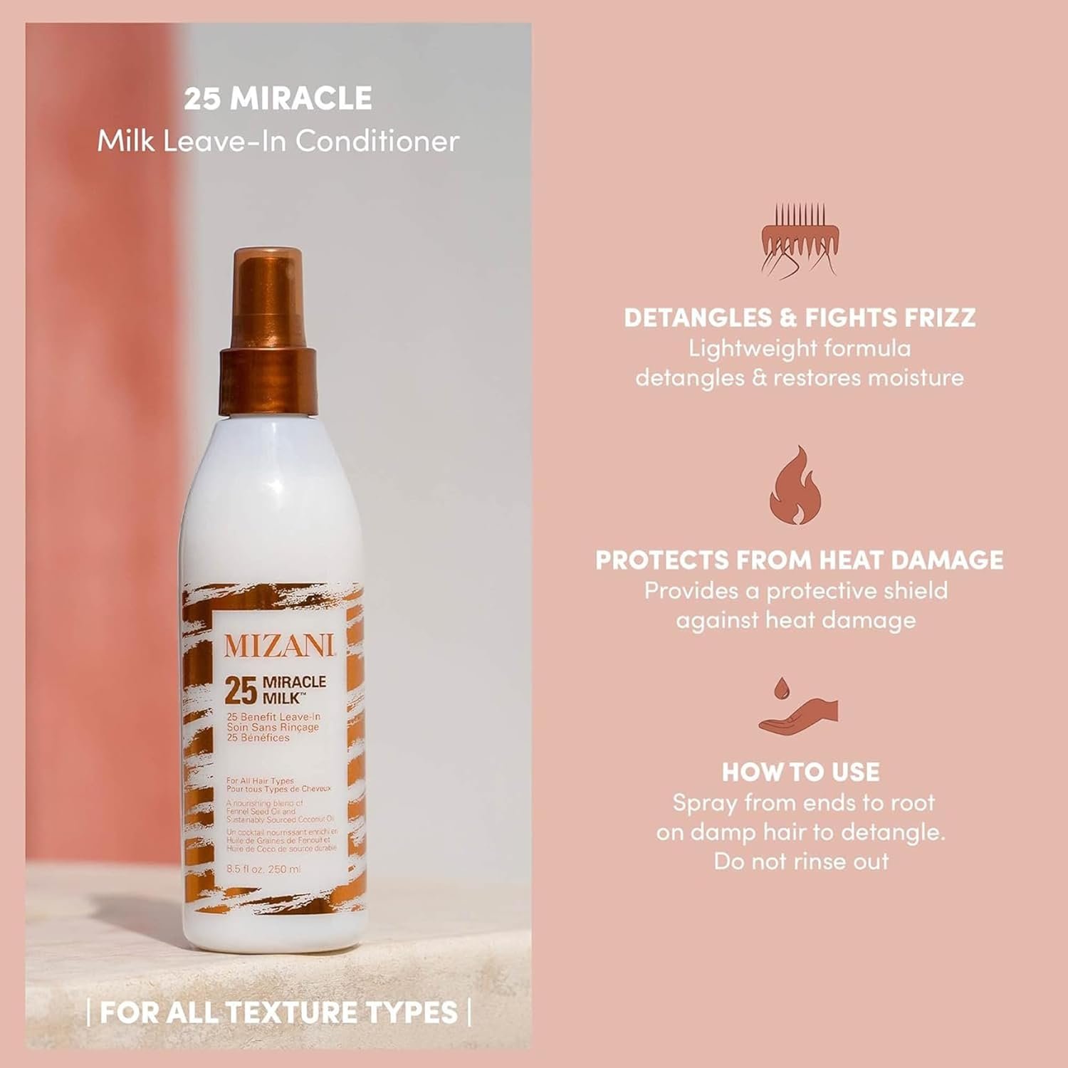 Mizani Leave-In Conditioner, For All Hair Types and Textures, Repairing and Detangling, Infused with Coconut and Fennel Seed Oil, 25 Miracle Milk - Image 2