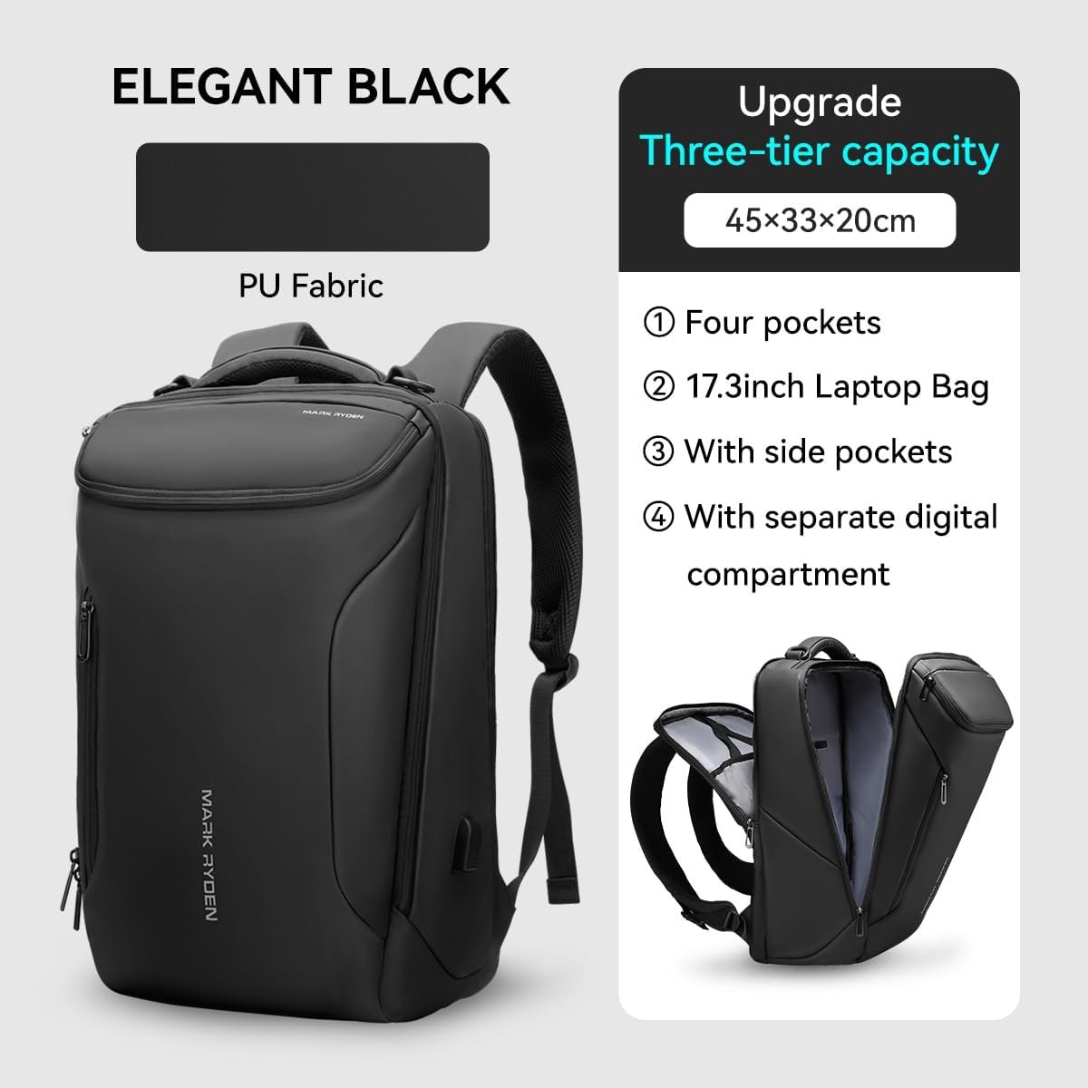 MARK RYDEN mens backpack Large Capacity waterproof laptop backpack business men with USB Charging Port for Official Travel Hiking Pack Fits Under 17.3 Inch Laptop - Image 2
