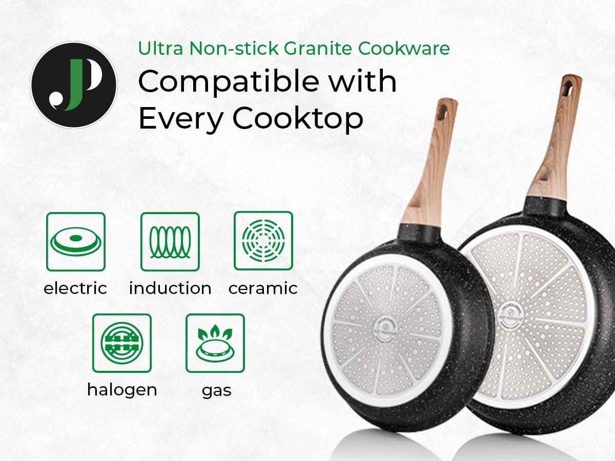 Just Perfecto Set of 15 Pots and Pans, Non-Stick Cookware Set, Black Granite Induction Cookware Non-Stick Set with Frying Pans and Saucepans (PFOS, PFOA Free) - Image 4