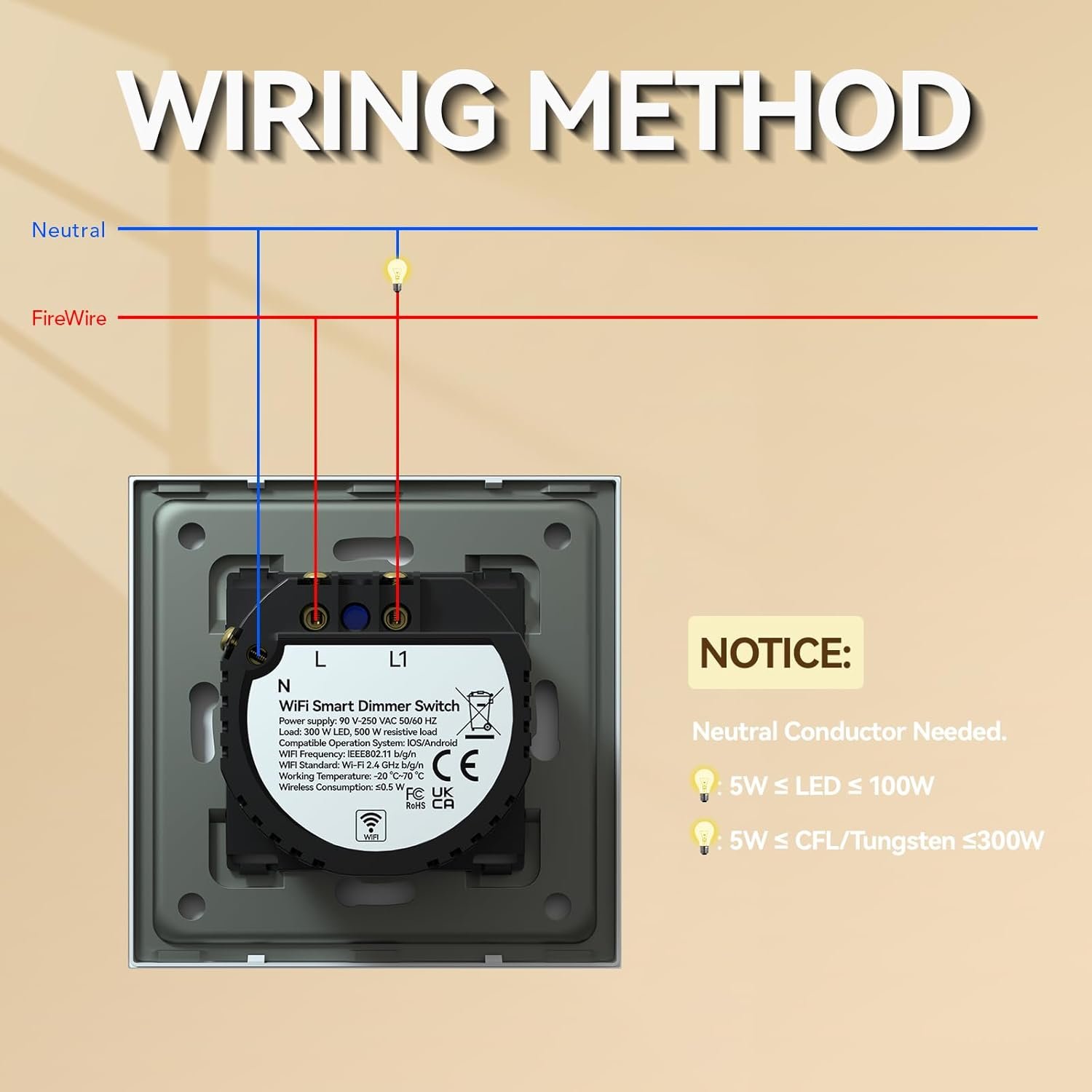 BSEED Smart Dimmer Switch,Glass Touch Panel,LED Lights,Work with Alexa/Smart Life App Control,Neutral Wire Required,WiFi Dimmer 1 Gang 1 Way,86mm White - Image 6