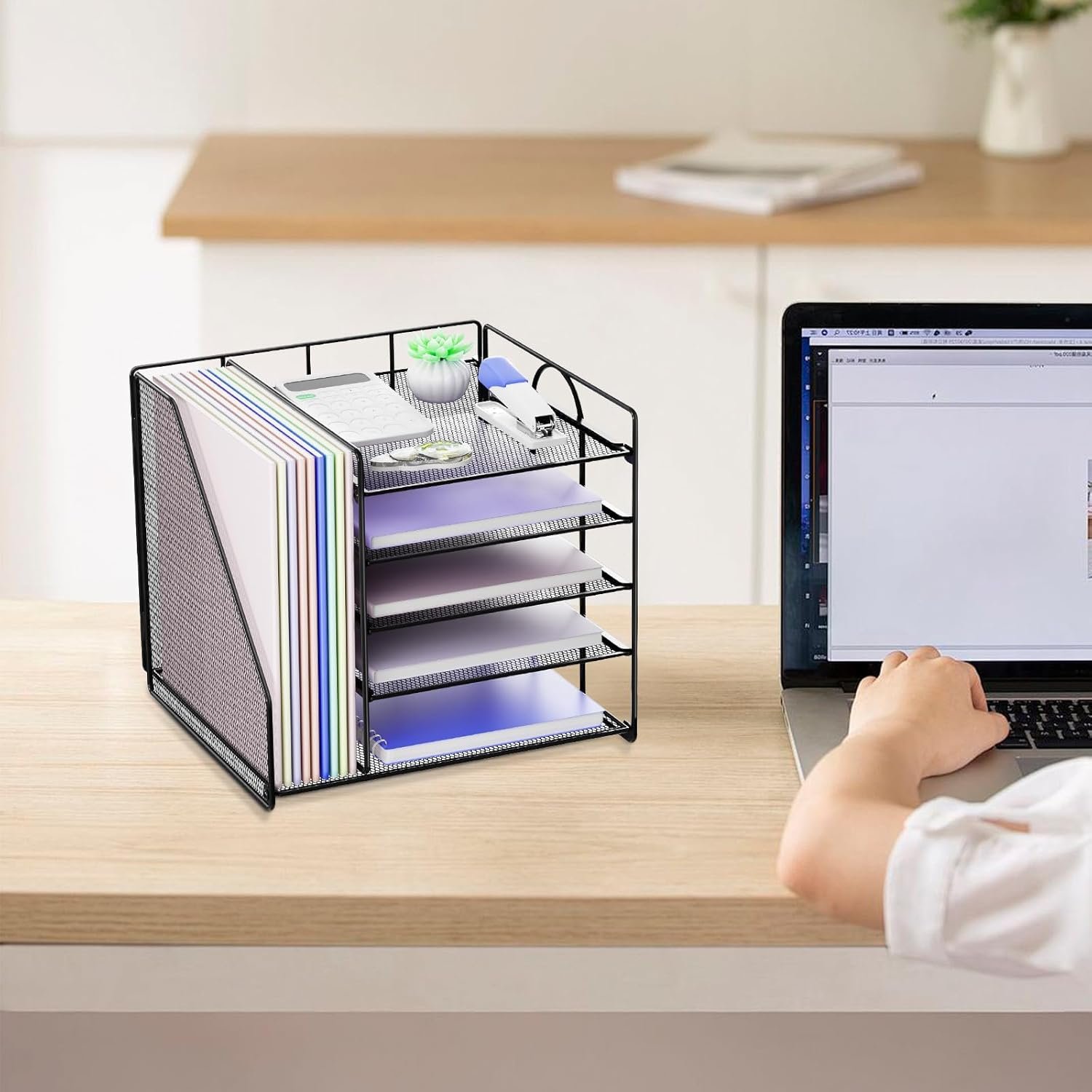 Desk Organizers, 5-Tier Paper Letter Tray Organizer with File Holder, Mesh File Organizer, Desktop Organizers and Storage for Desk Accessories Office Supplies, Black - Image 4