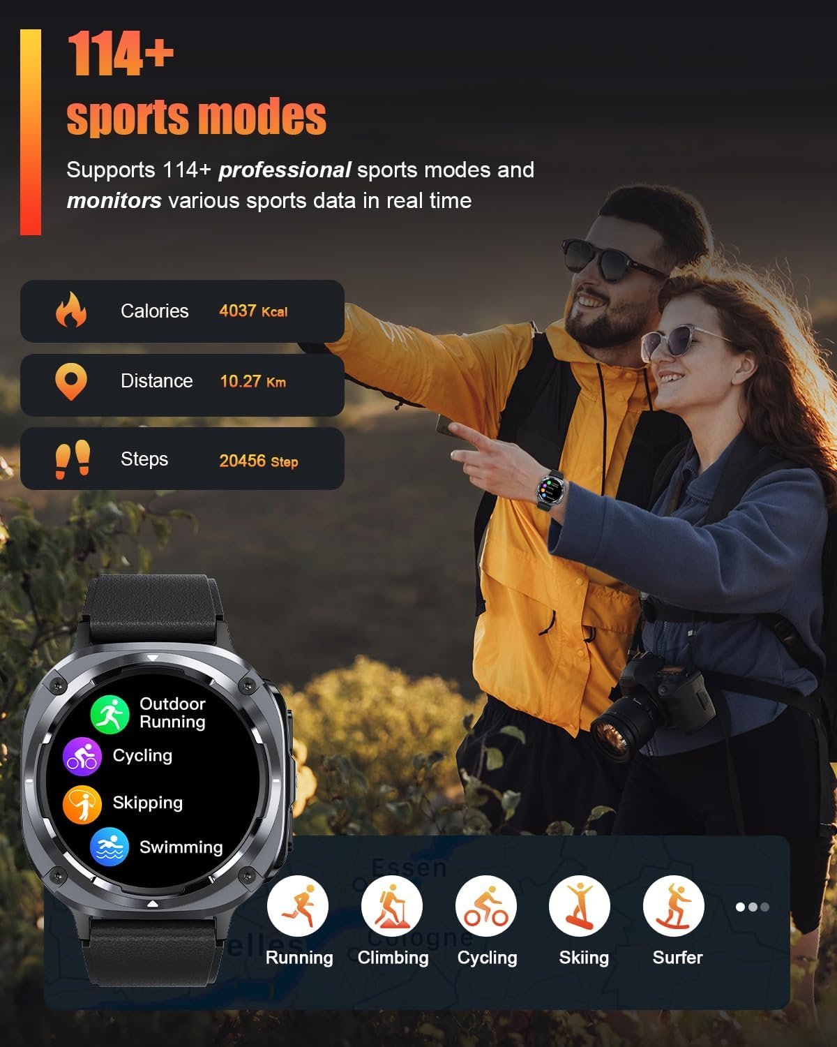 Military Smart Watch for Men Answer/Make Calls, 1.39" HD Fitness Tracker with Heart Rate/Sleep Monitor/Pedometer, 114+ Sports Mode Activity Trackers, IP68 Waterproof Outdoor Smartwatch for iOS Android - Image 7