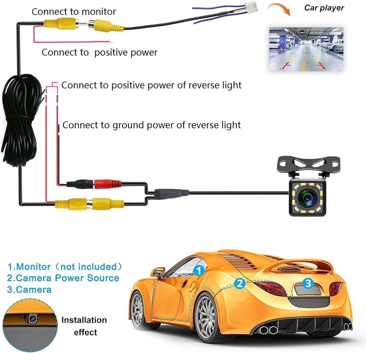Car Backup Camera Reversing Camera with 12-LED Night Vision IP66 Waterproof Rear View Camera Wide Viewing Angle Lens Parking Camera for Cars Trucks Vans SUVs RVs Caravan - Image 6