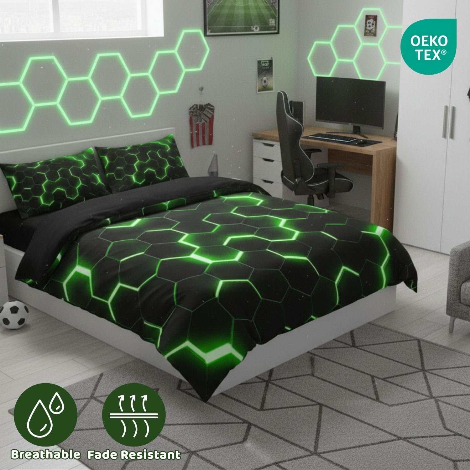 Homewish Geometric Duvet Cover Single Size,Teen Boys Green Black Neon Light Honeycomb Bedding Sets, Hexagon Comforter Modern Fashion Bedspread 1 Pillow Case Home Room Decor - Image 2