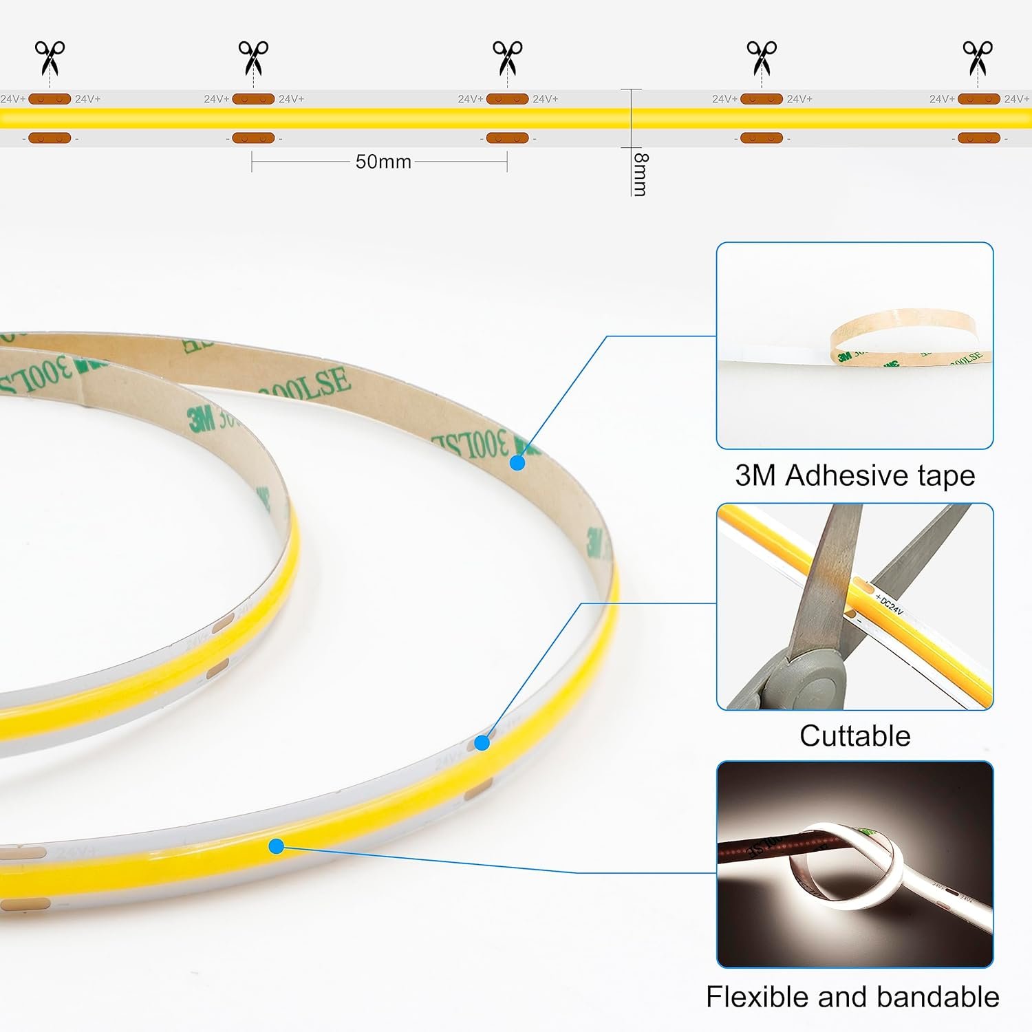 COB LED Strip Lights 5m, 4000K Natural White Dimmable LED Strip, 1600 LEDs Super Bright DC24V LED Light Strip CRI90+ with RF Remote and UKCA Power Supply for DIY Home Decoration - Image 4