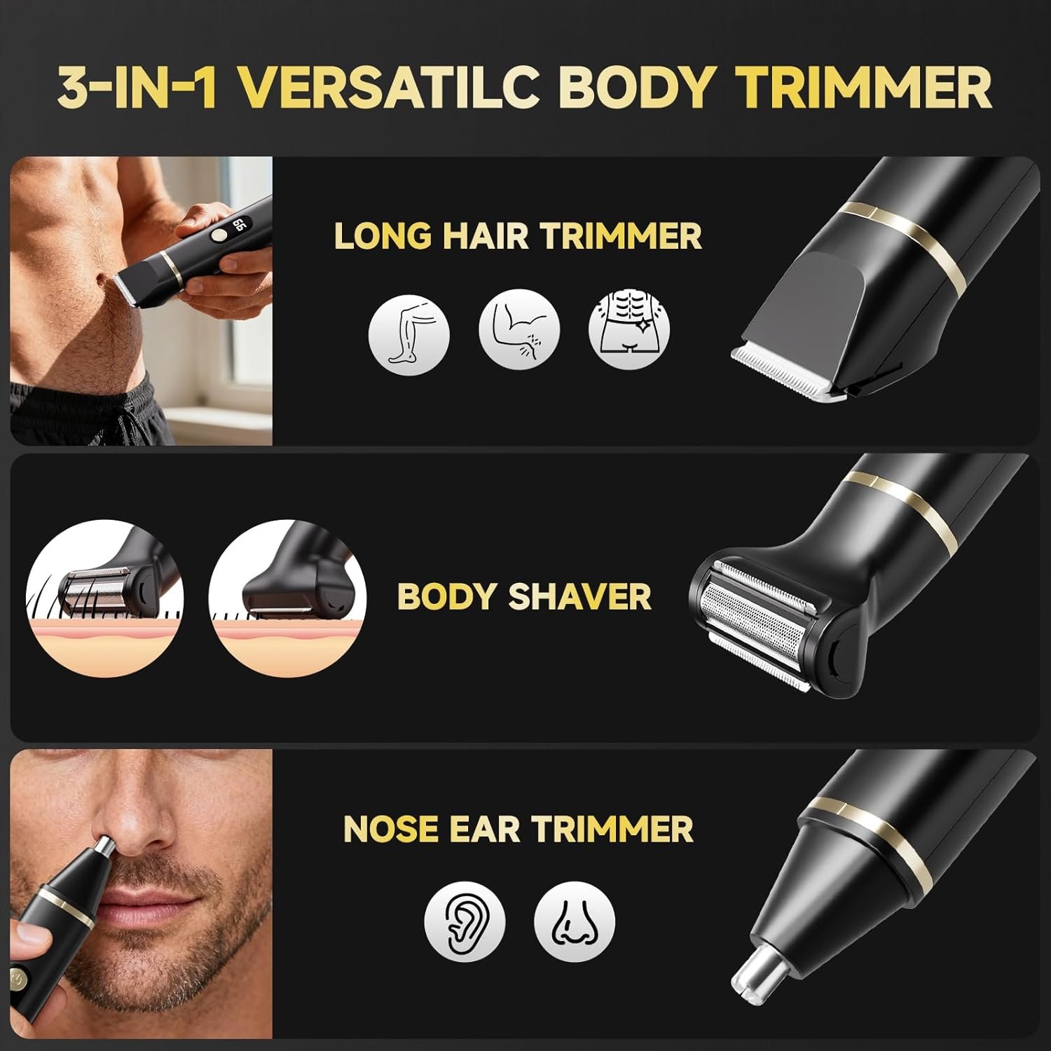 Beard Trimmer for Men, Electric Razor & Nose Hair Trimmer - IPX7 Waterproof All-in-One Body Grooming Kit for Wet/Dry Use on Beard, Chest, Legs & More (Black) (Black) - Image 2
