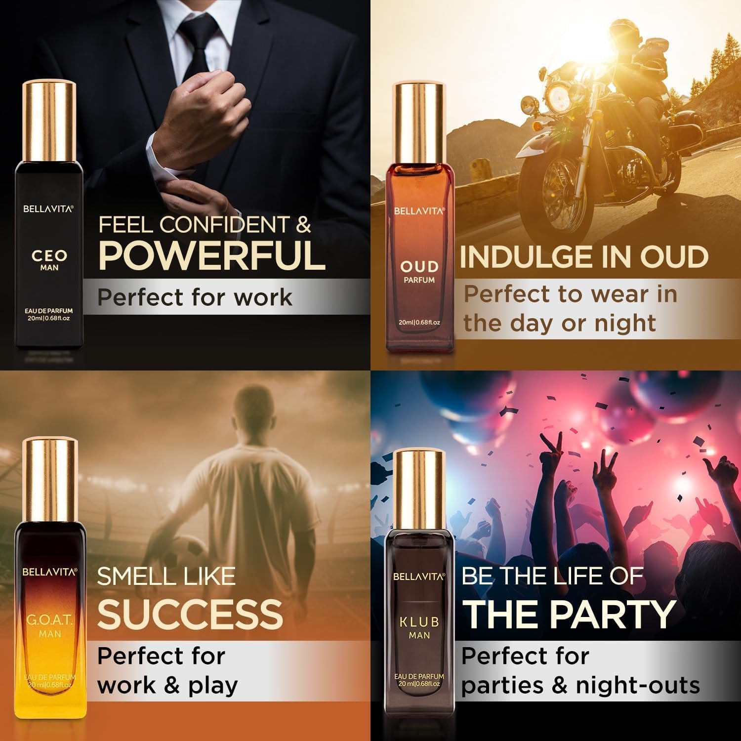 Bellavita Luxury Men's Gift Set with CEO Man, Klub, Oud & G.O.A.T. | Woody Citrus Spicy Aromatic Scent Profiles | Gift Set (4×20 ml) | Men's Perfume Gift Set | Perfect Valentine's Day Gift for Him - Image 5