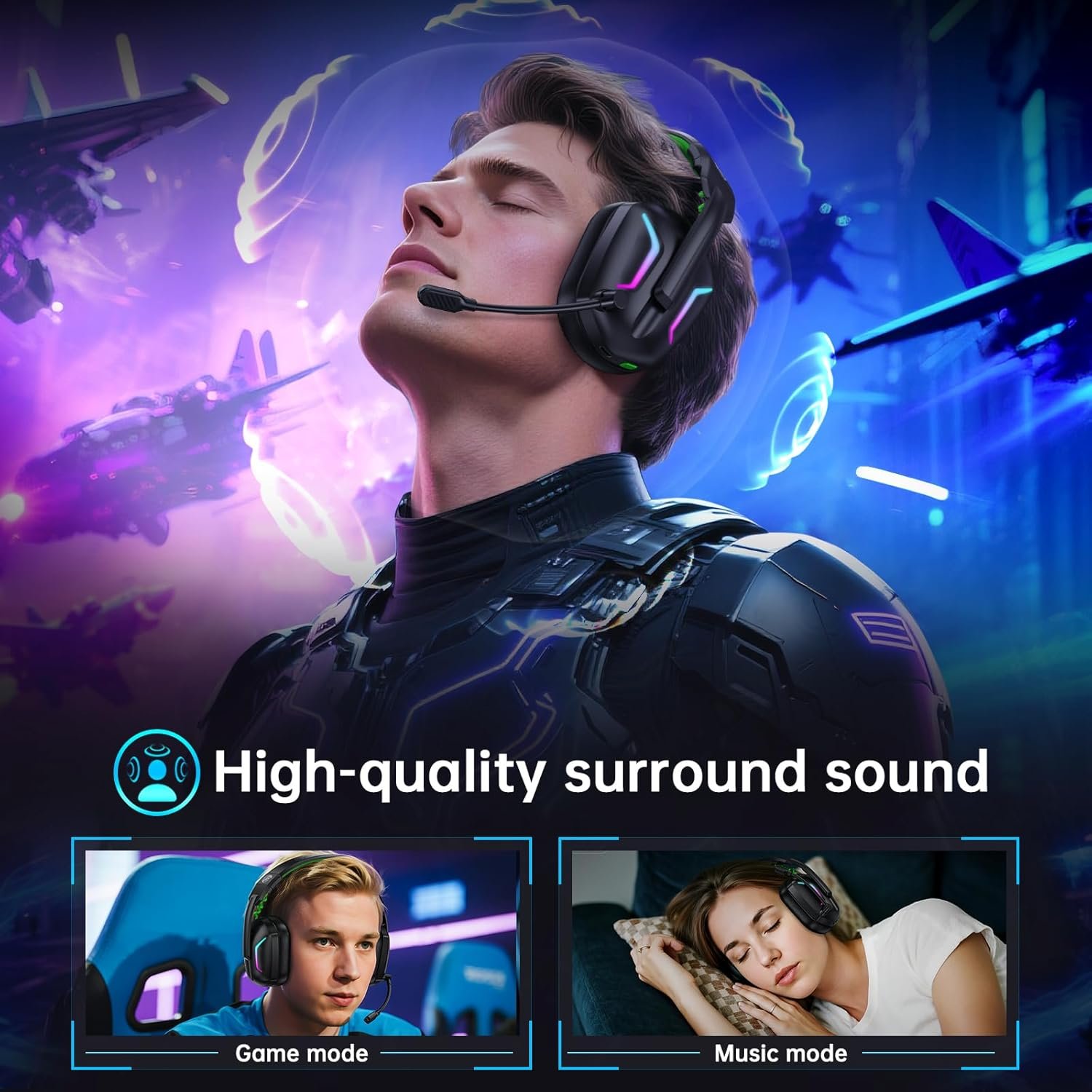 Fachixy FC300 Wireless Gaming Headset with Mic - Bluetooth and 2.4GHz USB Gaming Headphones with 50Hr Battery & 3D Stereo Sound for PS5, PS4, PC, Mac, Mobile - Black Green - Image 5