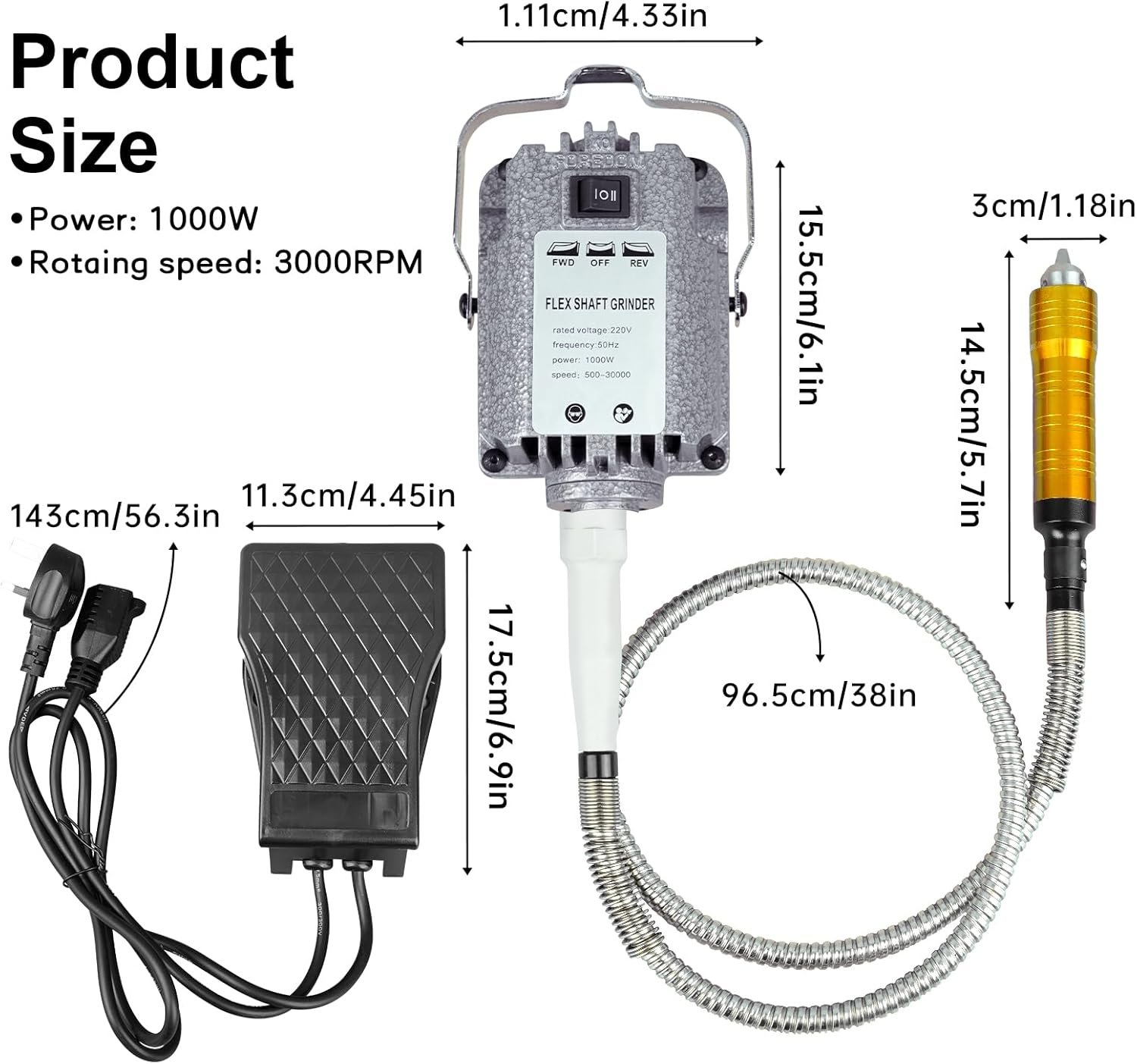 1000W Rotary Tool Flex Shaft Electric Hanging Grinder Carver, Forward and Reverse Rotation, Multi-Function Metalworking Jewelry Repair Kit, Foot Pedal Control, Metal Flexible Shaft - Image 2