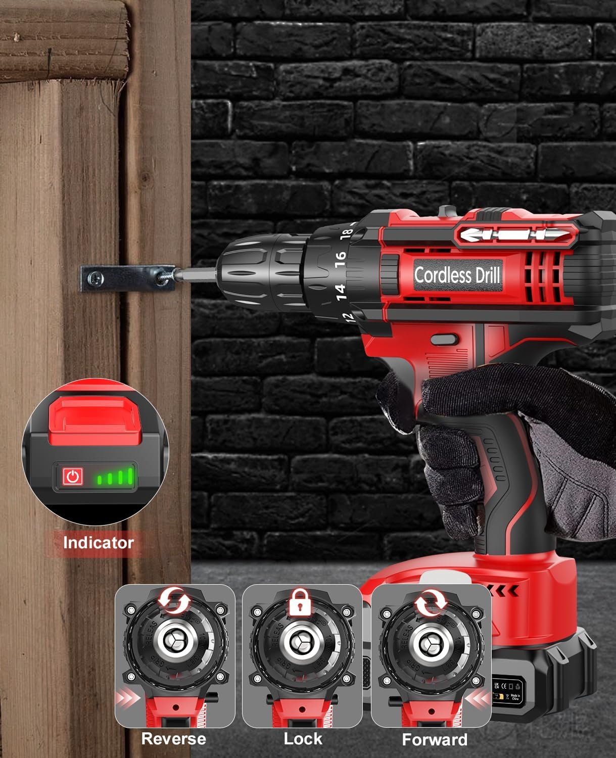 Cordless Drill, Power Drill 21V, Electric Drill Set 42N.m with 2 Batteries 2.0Ah, 10mm Chuck, 2 Speeds, 18+1 Torque, LED Light, 14pcs Drill Set for Garden DIY Project, Red - Image 4