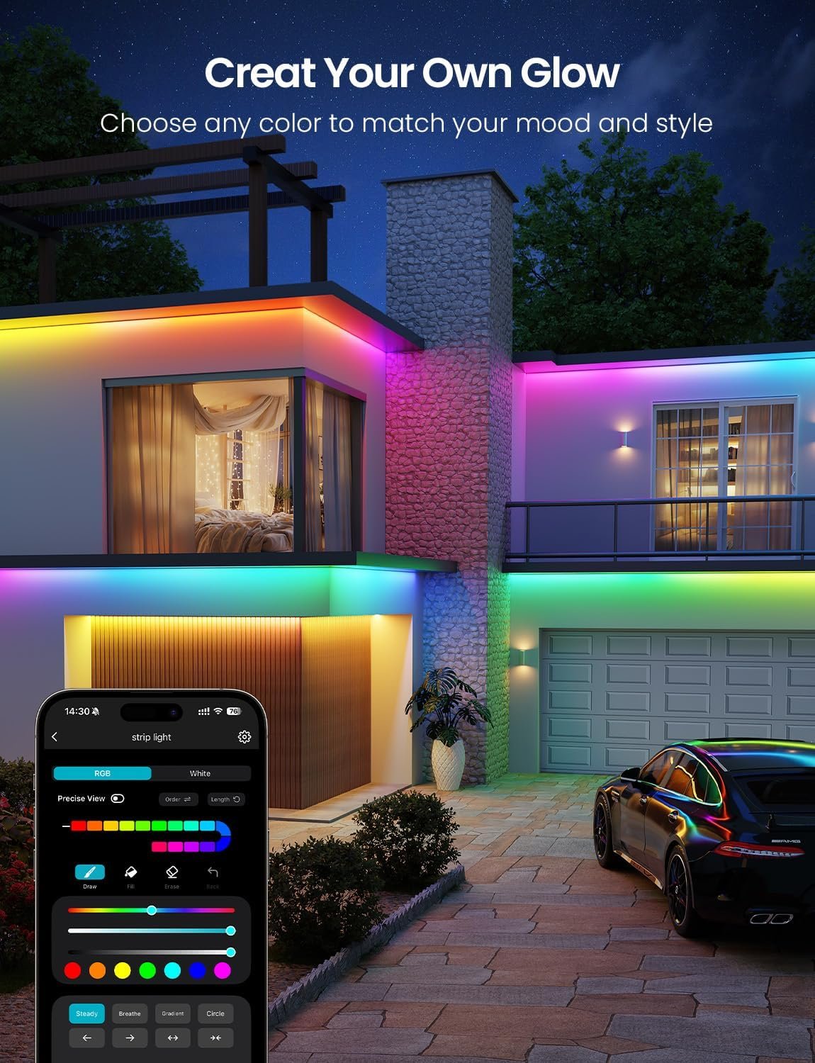 Lepro SW1 AI Smart Outdoor LED Strip, RGBWIC 5M Outdoor Lights IP65 Waterproof, Work with Alexa, Google Assistant, Tunable White, 1750lm Dimmable, Music Sync, for Garden, Eave, Garage and More - Image 6