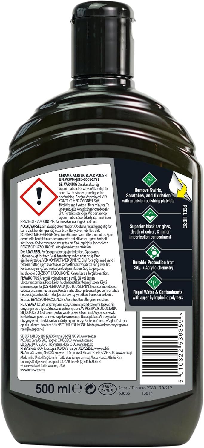 Turtle Wax Hybrid Solutions Ceramic Acrylic Black Car Polish and Wax, Car Scratch Remover & Car Paint Restorer for Black Cars, Deep Shine, Ceramic Coating Protection & Water Beading, 500ml - Image 2