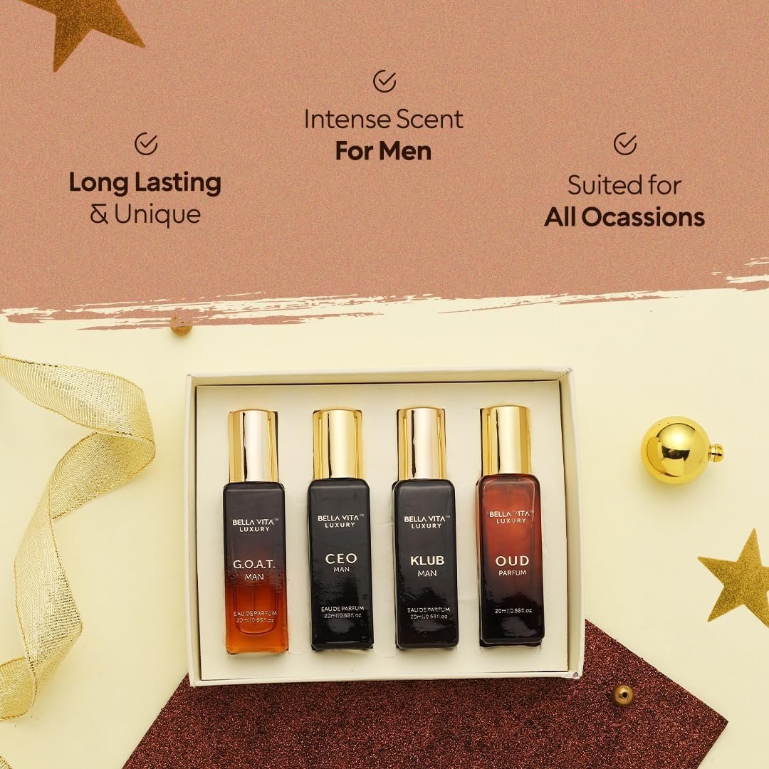 Bellavita Luxury Men's Gift Set with CEO Man, Klub, Oud & G.O.A.T. | Woody Citrus Spicy Aromatic Scent Profiles | Gift Set (4×20 ml) | Men's Perfume Gift Set | Perfect Valentine's Day Gift for Him - Image 3