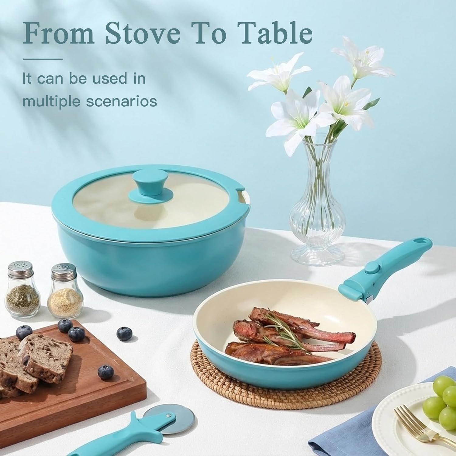 GiPP 11Pcs Pots and Pans Set with Detachable Handle, Pans Set with Ceramic Non-Stick Coating, Induction Stackable Cooking Pots Set, Mobile Cookware Set Ovenproof Safe, Blue Gradient - Image 5