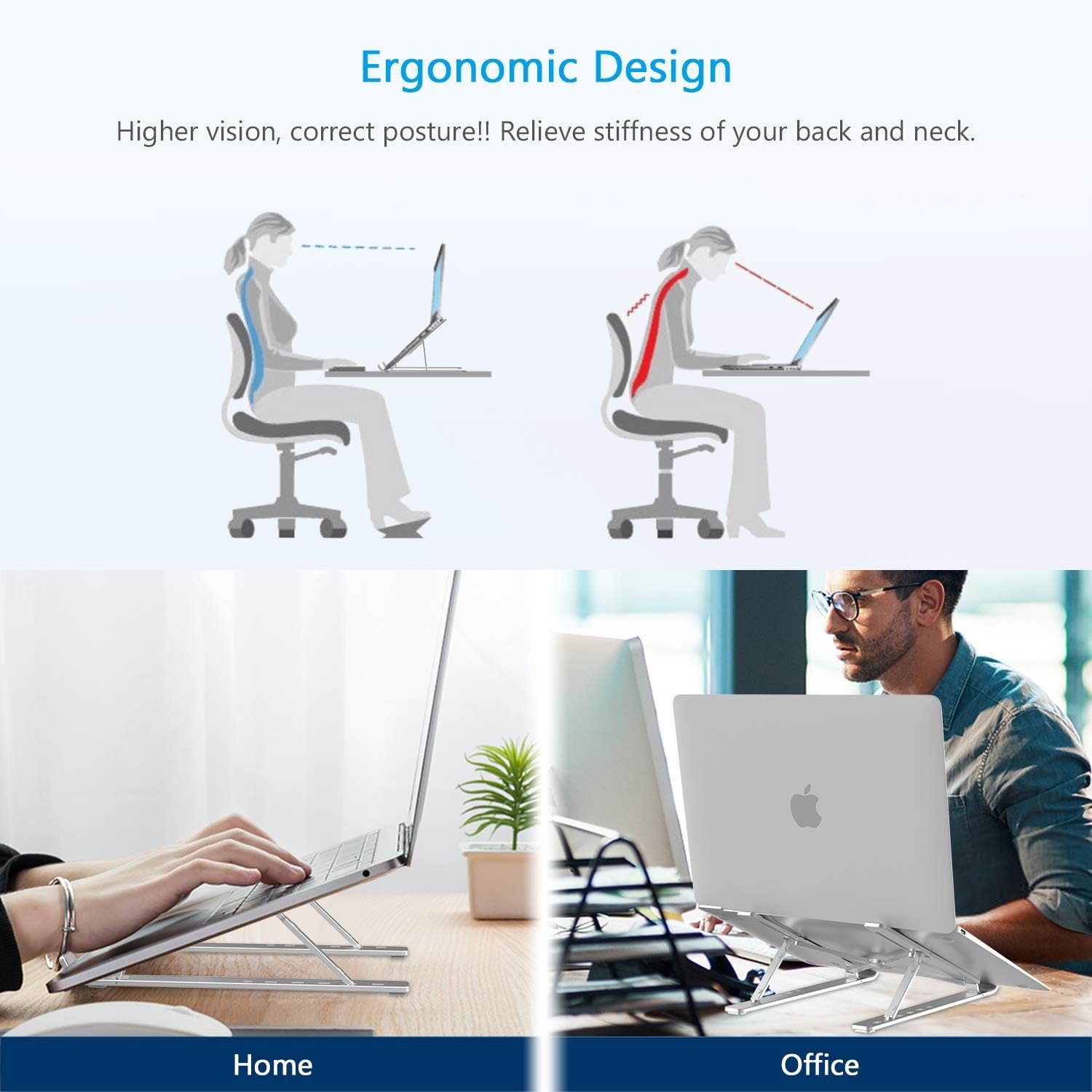 BoYata Laptop Stand, 6 Levels of Height Adjustable Portable Laptop Holder for Desk, Aluminum Foldable Laptop Riser, Compatible with MacBook Air/Pro, Dell, HP, Acer, Most 10-15.6” Laptops-Silver - Image 3
