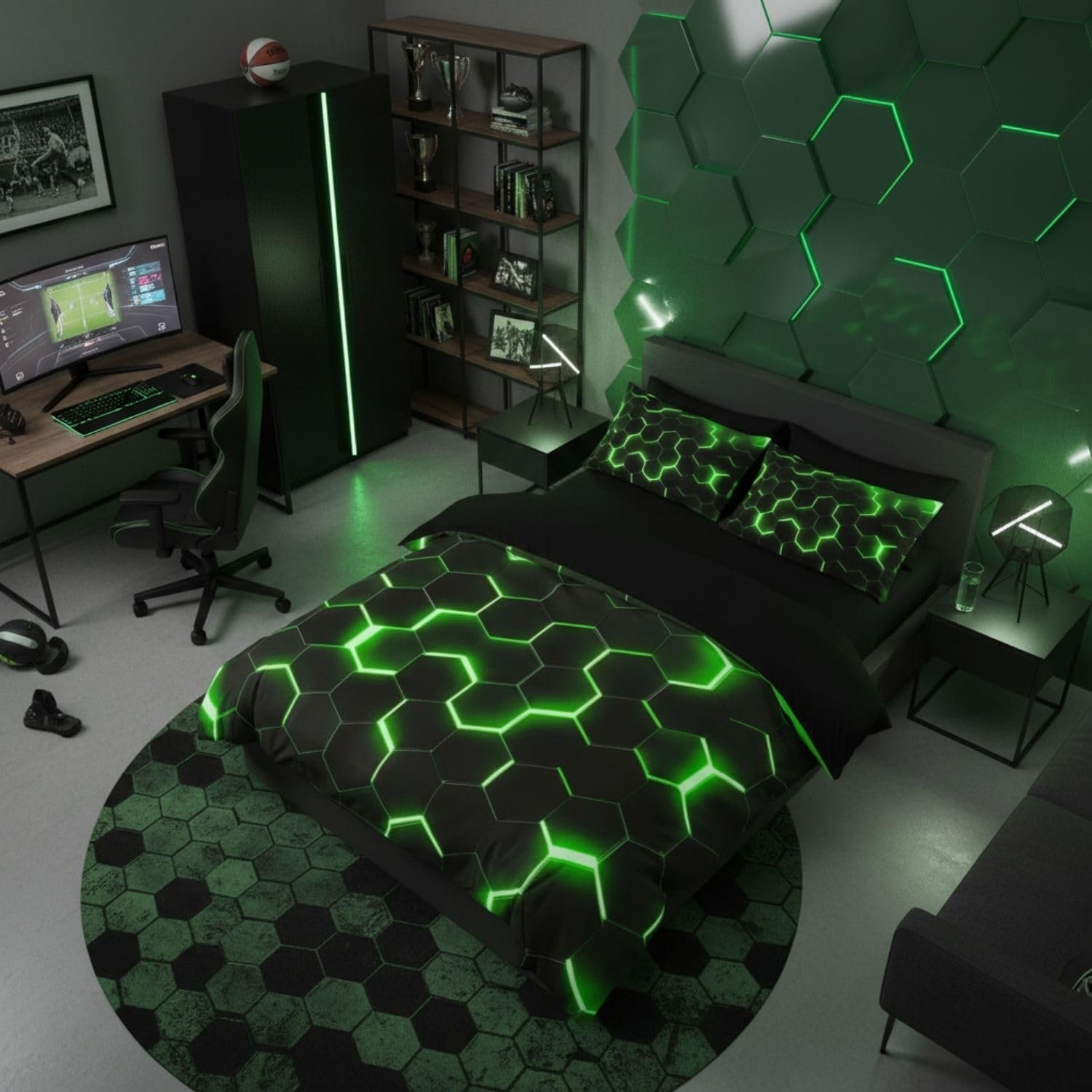 Homewish Geometric Duvet Cover Single Size,Teen Boys Green Black Neon Light Honeycomb Bedding Sets, Hexagon Comforter Modern Fashion Bedspread 1 Pillow Case Home Room Decor - Image 9